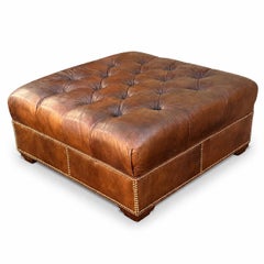 1990s Hancock & Moore Tufted Whiskey Brown Chesterfield Style Square Ottoman