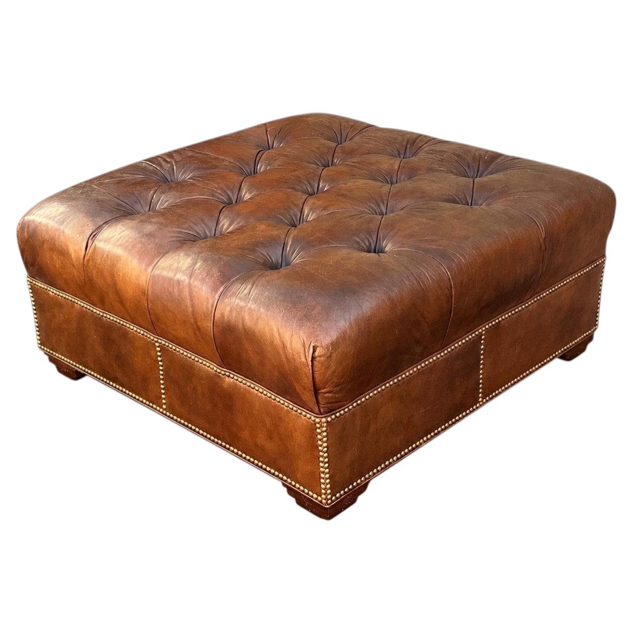 1990s Hancock & Moore Tufted Whiskey Brown Chesterfield Style Square Ottoman