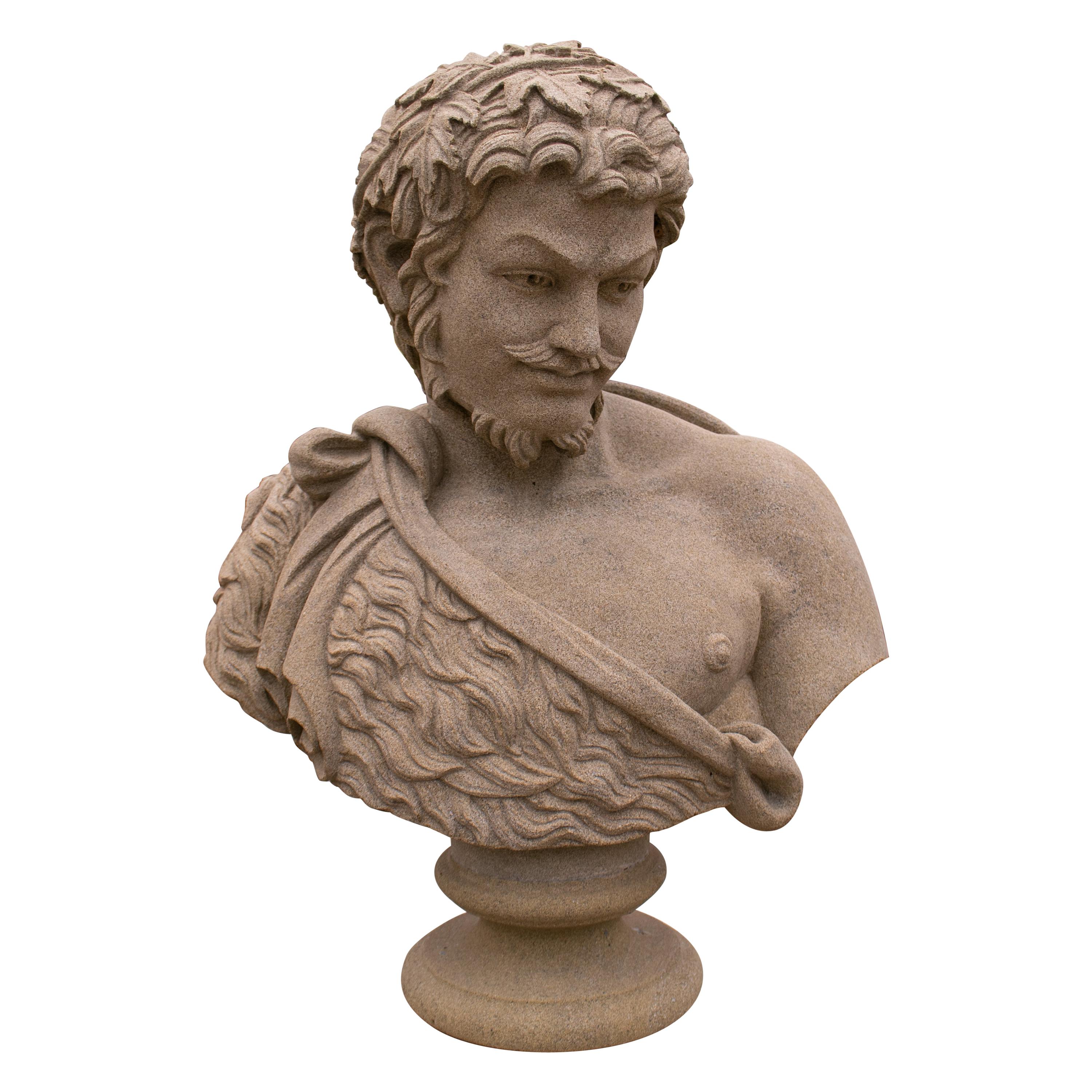 1990s Hand Carved Marble Bust of Bacchus Roman God of Wine and Fertility