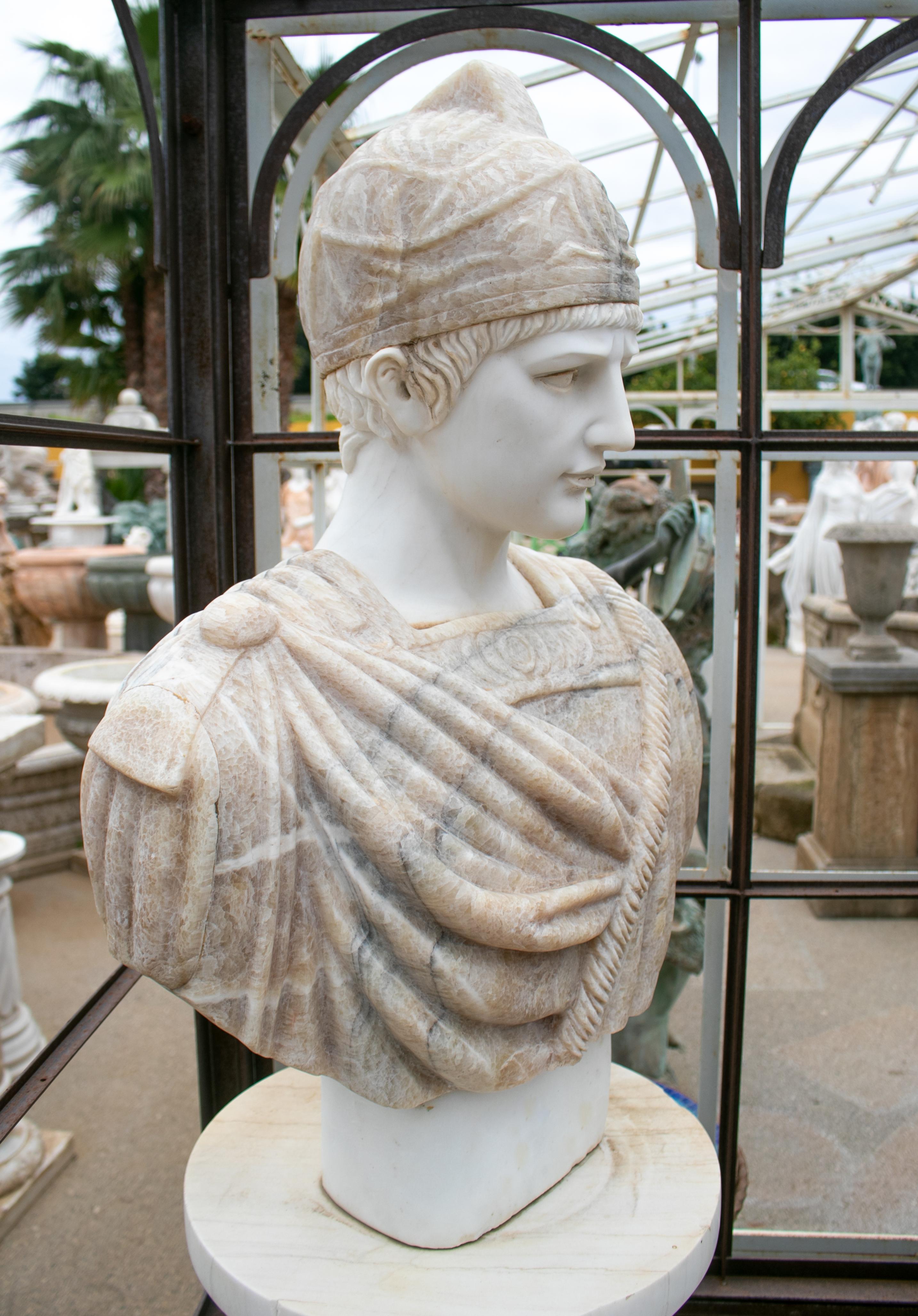 1990s hand carved white marble and honey onyx Roman bust.