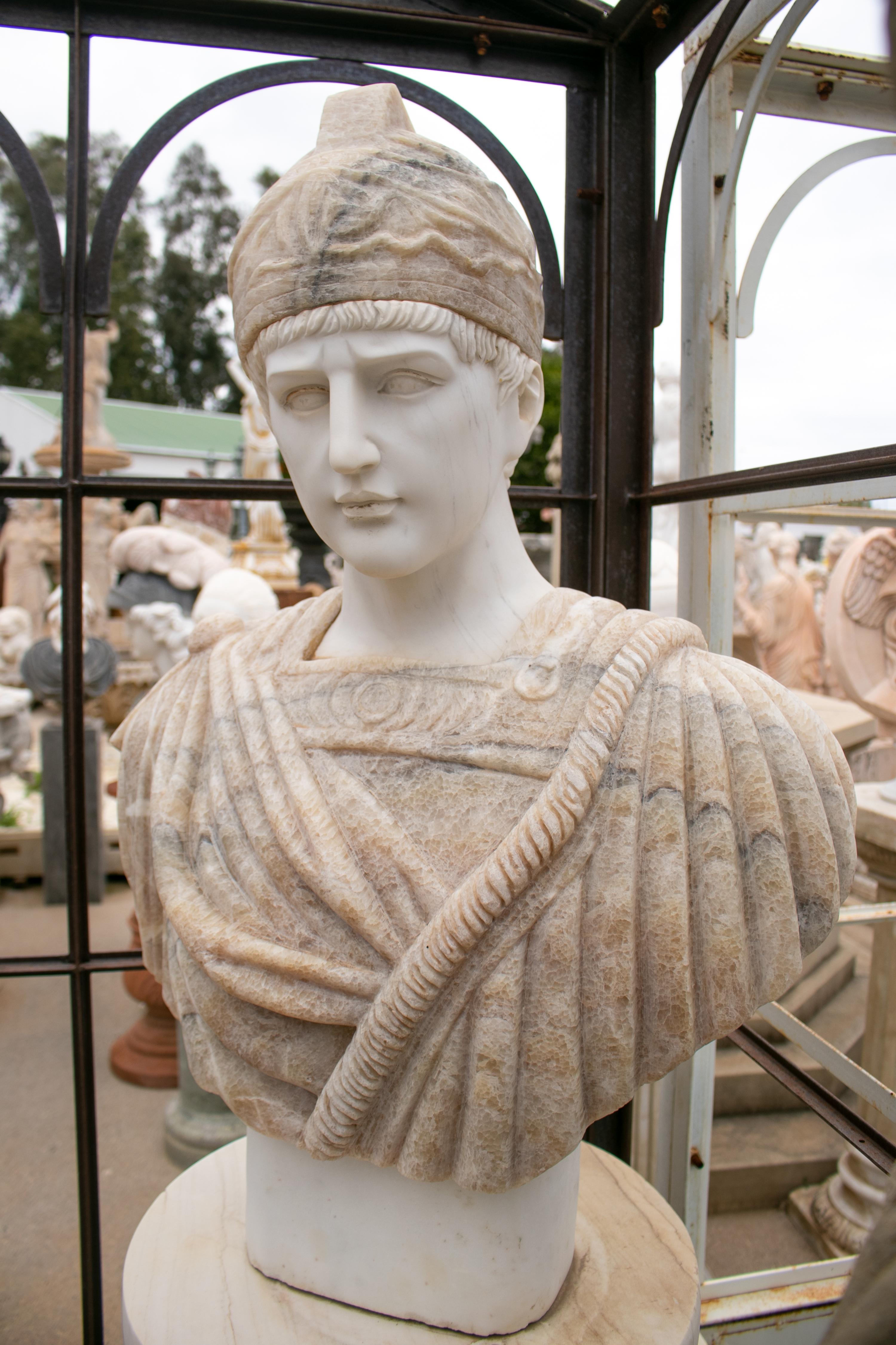 Italian 1990s Hand Carve White Marble and Honey Onyx Roman Bust