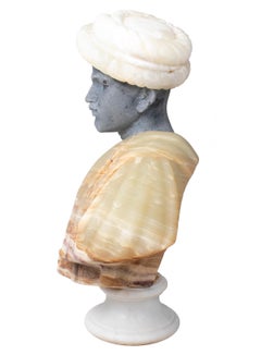 1990s Hand Carved Honey and Rainbow Onyx and Black Belgium Marble Bust with Hat