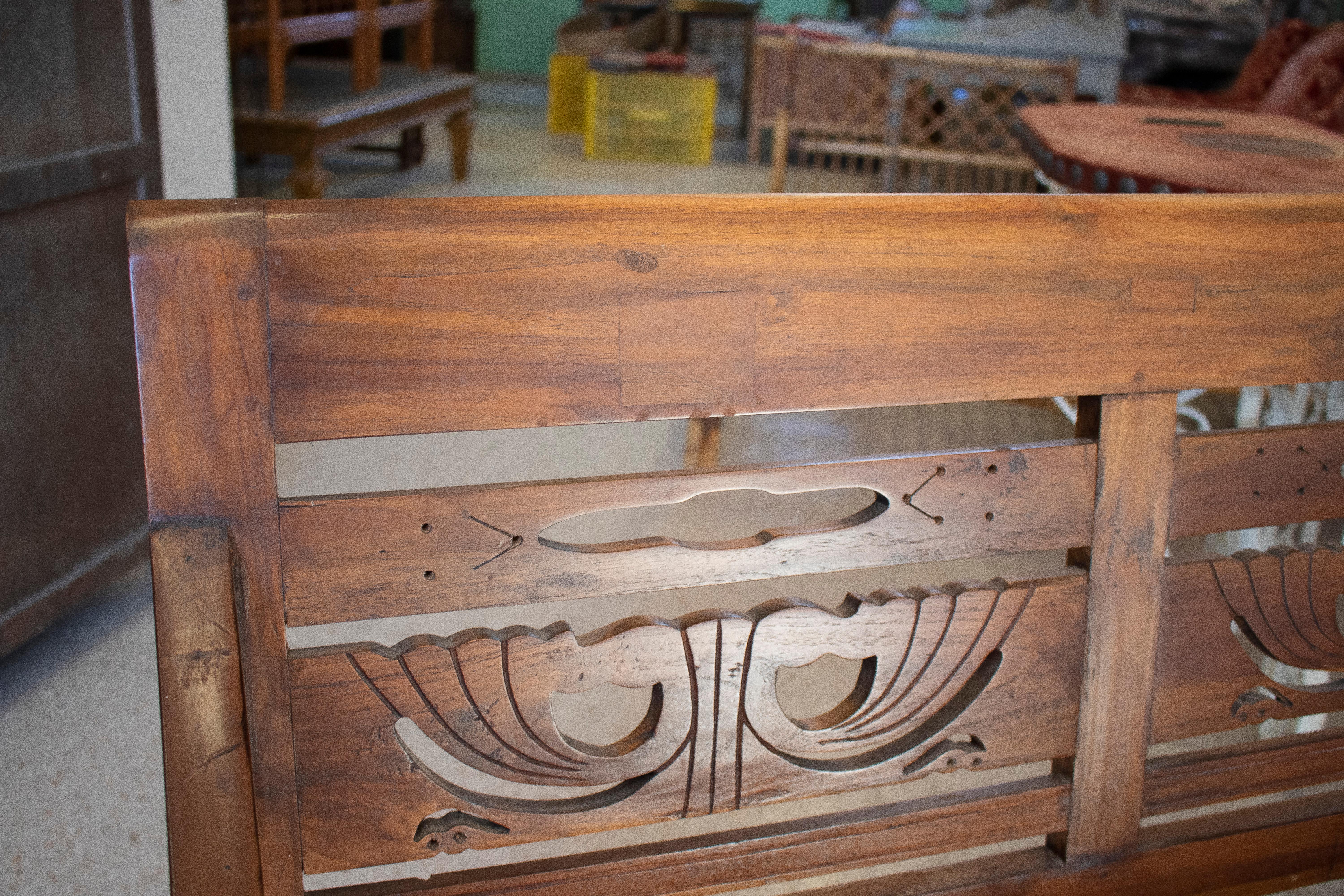 1990s Hand Carved Indonesian Colonial Wooden Garden Bench 2