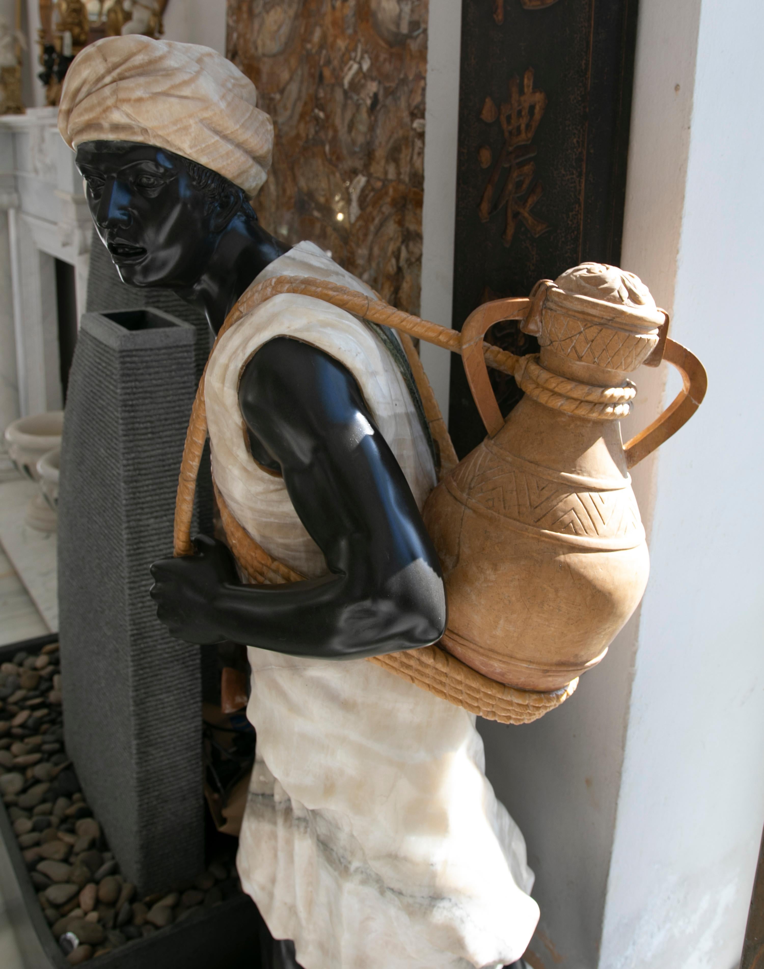 1990s Hand Carved Onyx and Marble Sculpture of a Water-Carrier Character For Sale 3