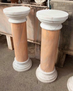 1990s Hand-carved Pair of Classical Columns/bases in White and Pink Marble