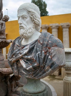 1990s Hand Carved Roman Bust in White Carrara and Breccia Marble