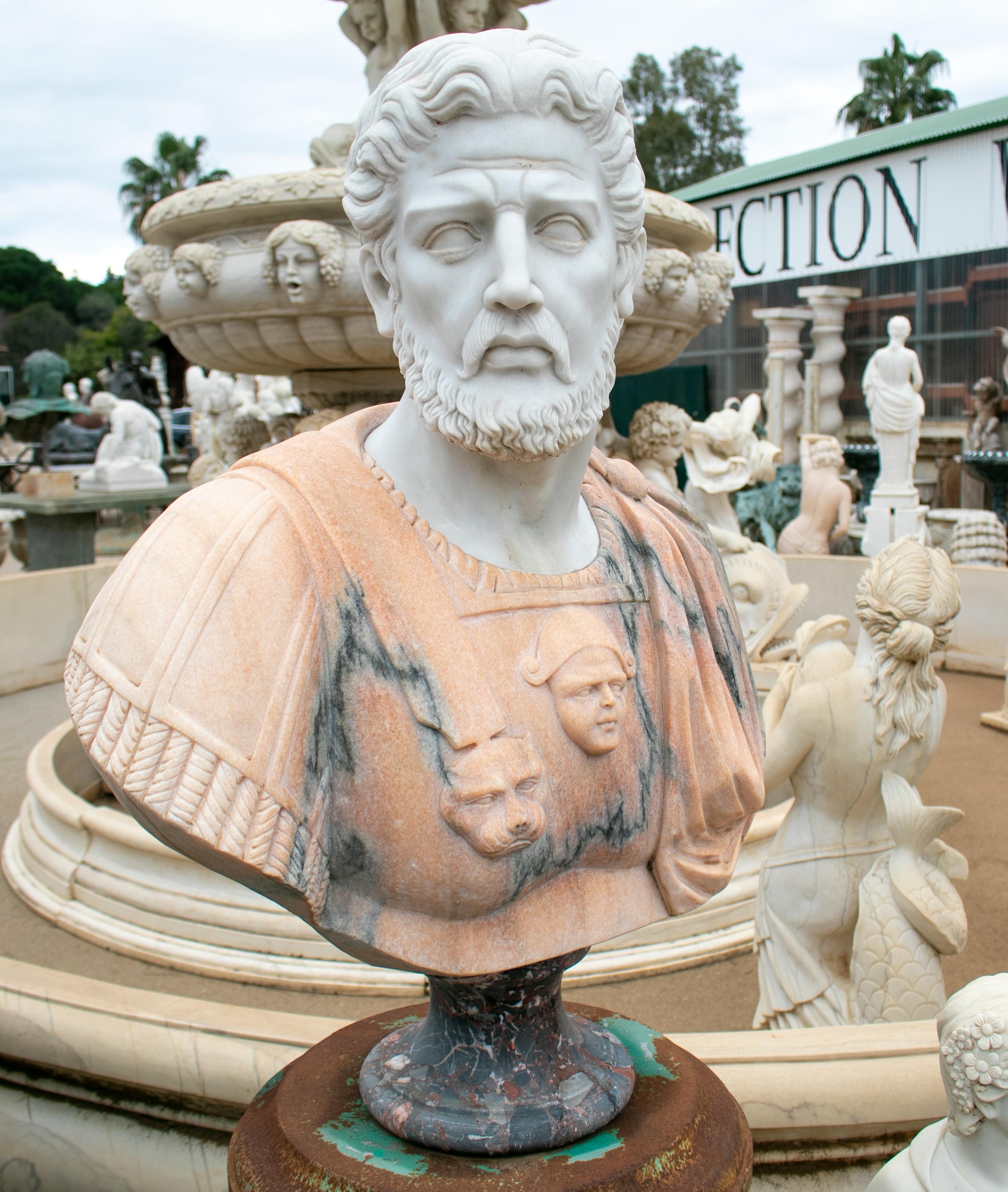 1990s hand carved Roman with toga bust in white Carrara and Portuguese Rosa marble.