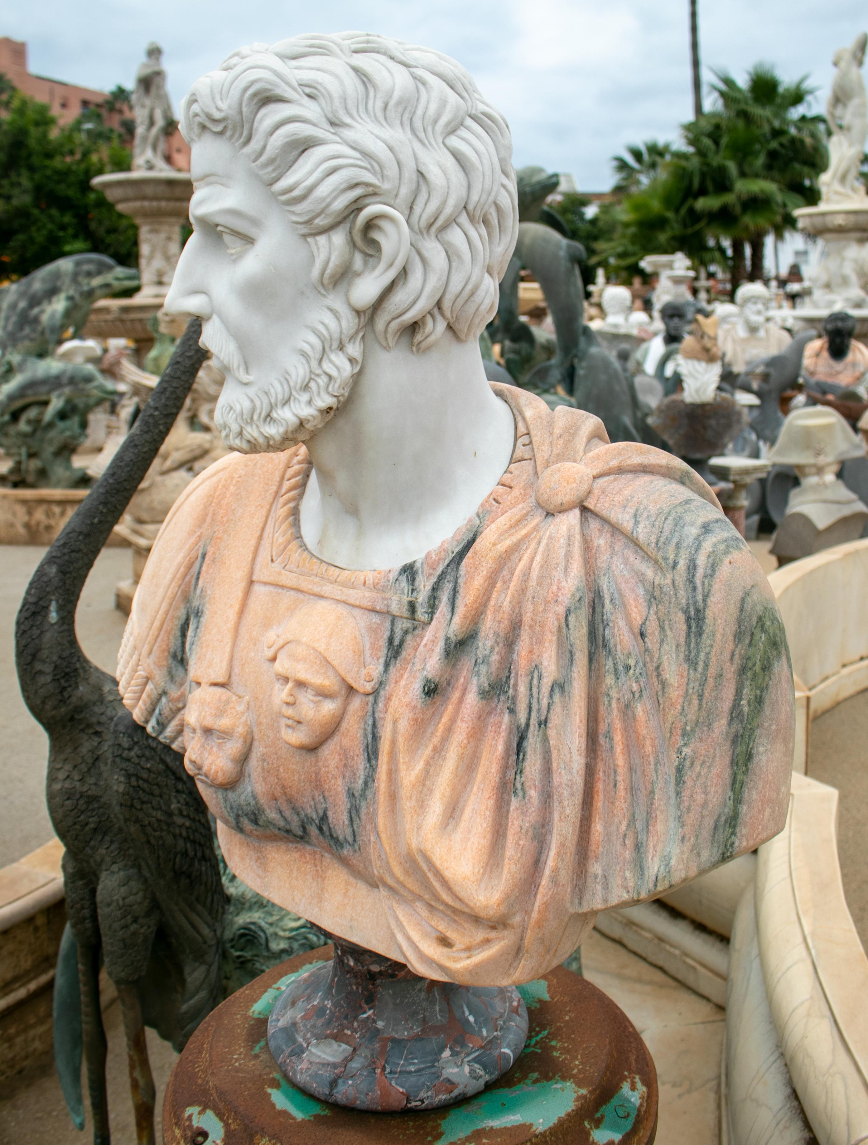 Italian 1990s Hand Carved Roman Bust in White Carrara and Portuguese Rosa Marble For Sale