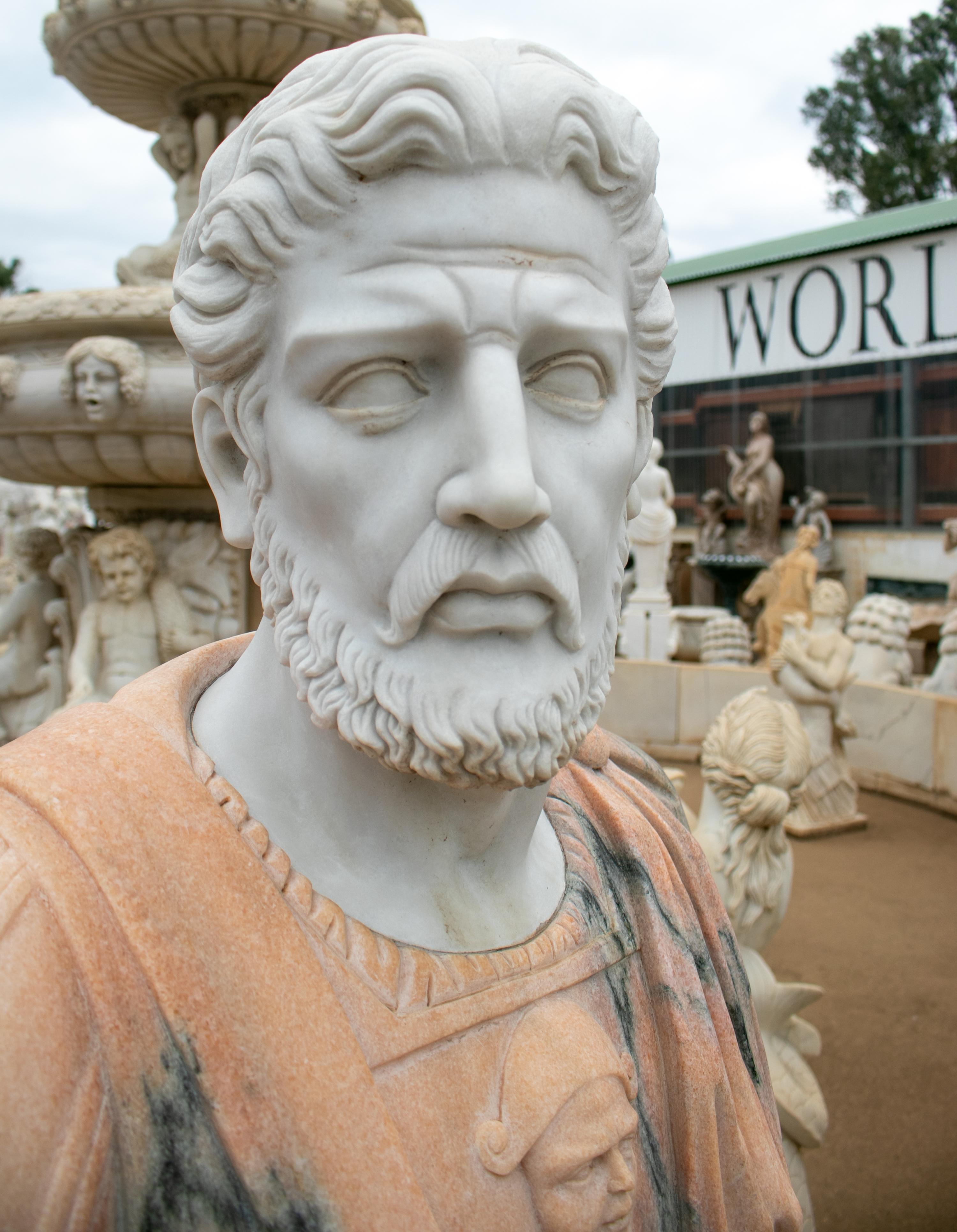 1990s Hand Carved Roman Bust in White Carrara and Portuguese Rosa Marble For Sale 1