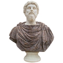 1990s Hand Carved Roman Bust in White Carrara and Purple Brown Marbles 1990s Hand Carved Roman Bust in White Carrara and Purple Brown Marbles