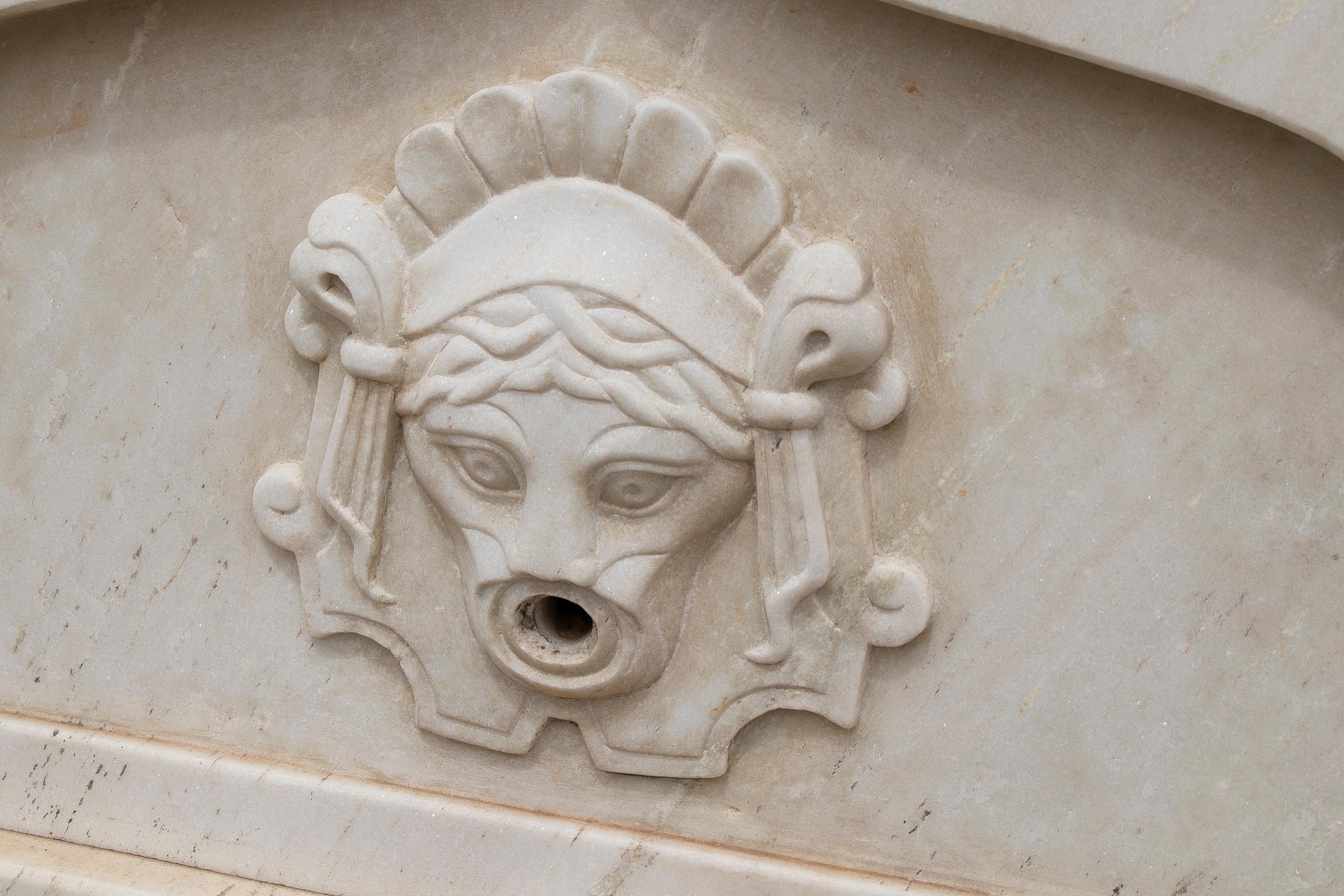 Marble 1990s Hand Carved Wall Fountain w/ Head Sculpture Spout