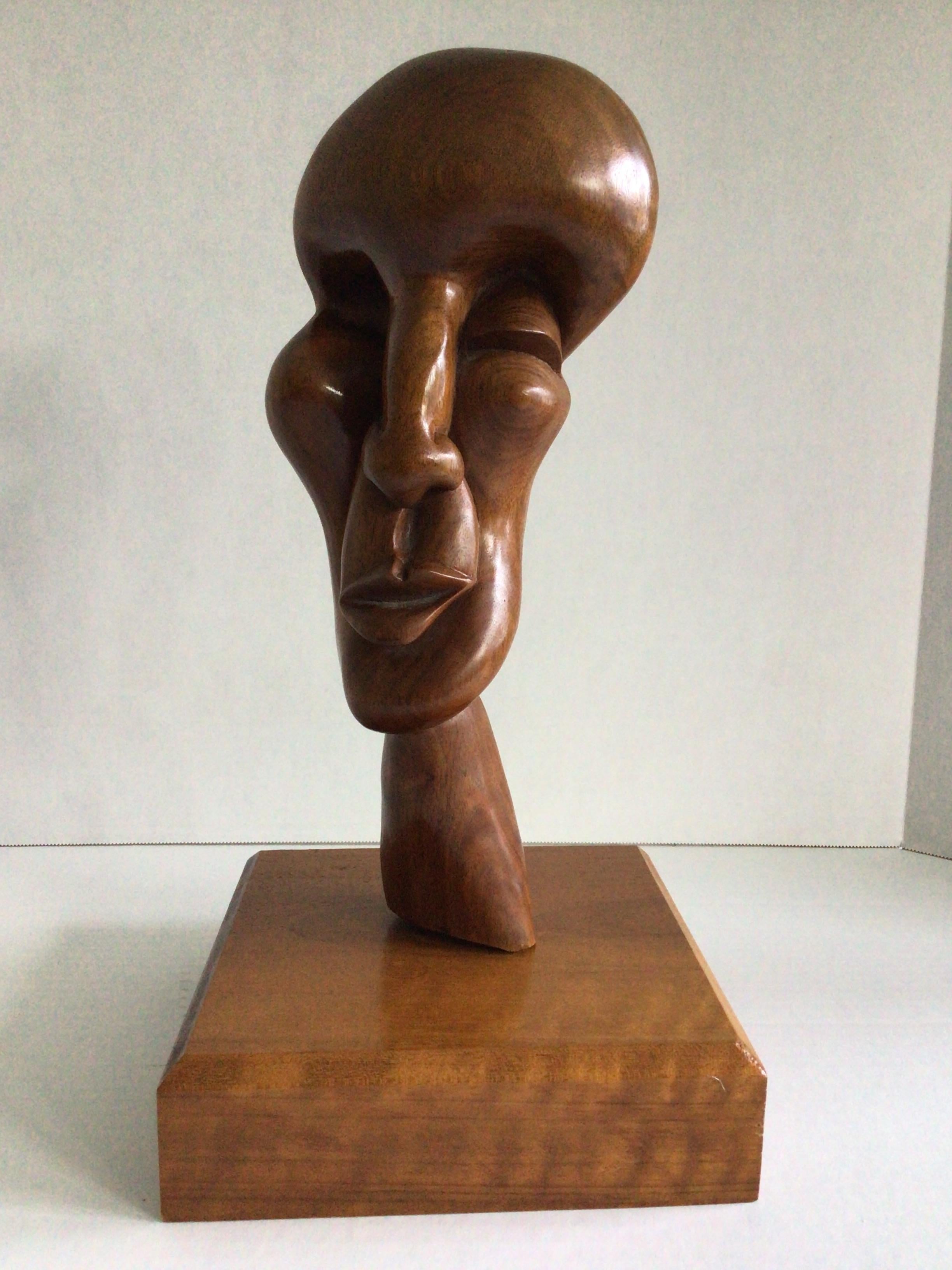 1990s Hand-Carved Wood Biomorphic Face Sculpture on Wood Base
Signed on the back of neck: Tiffany Ross 1992 (as shown in pictures)

