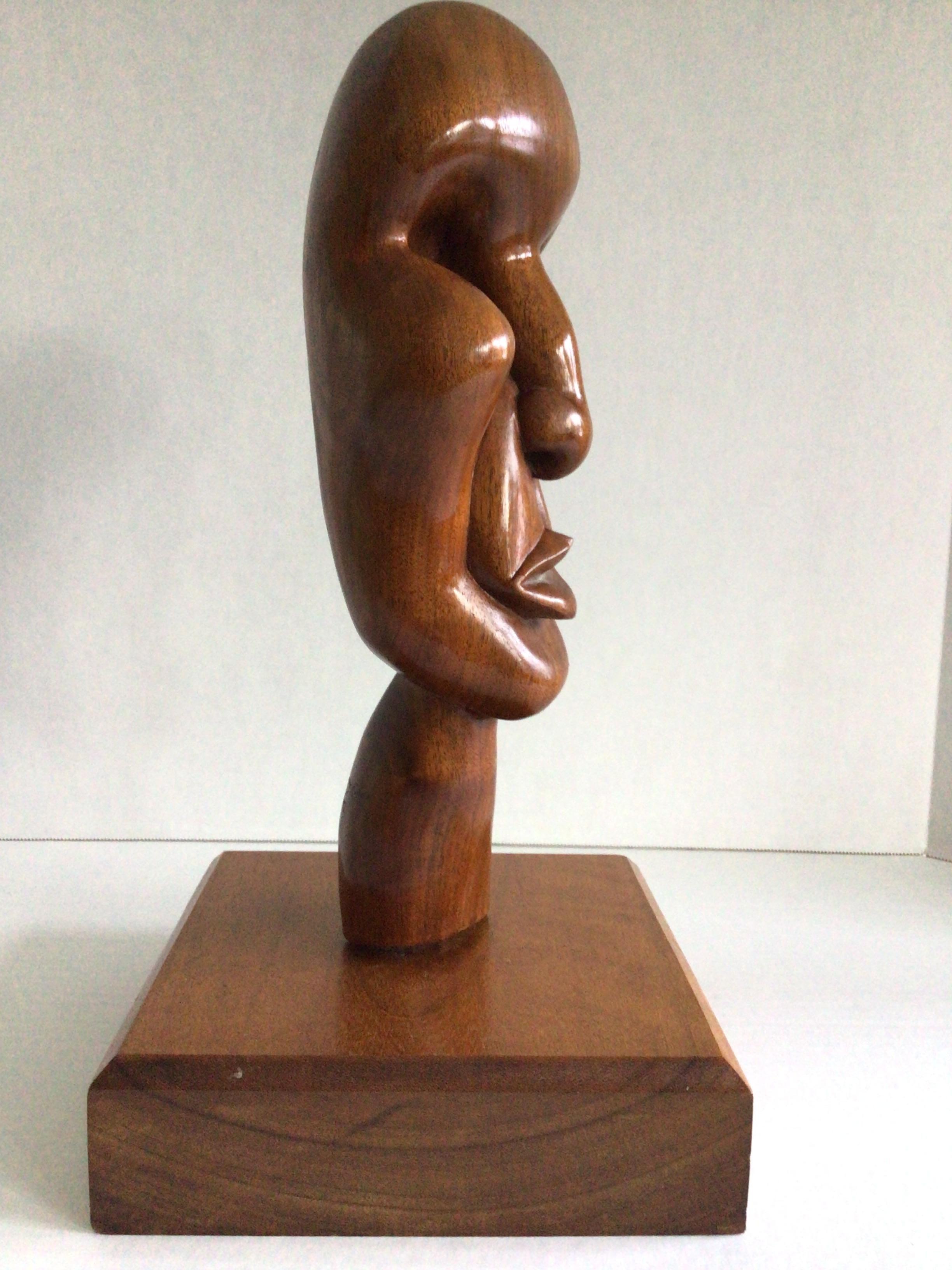 Late 20th Century 1990s Hand-Carved Wood Biomorphic Face Sculpture on Wood Base For Sale