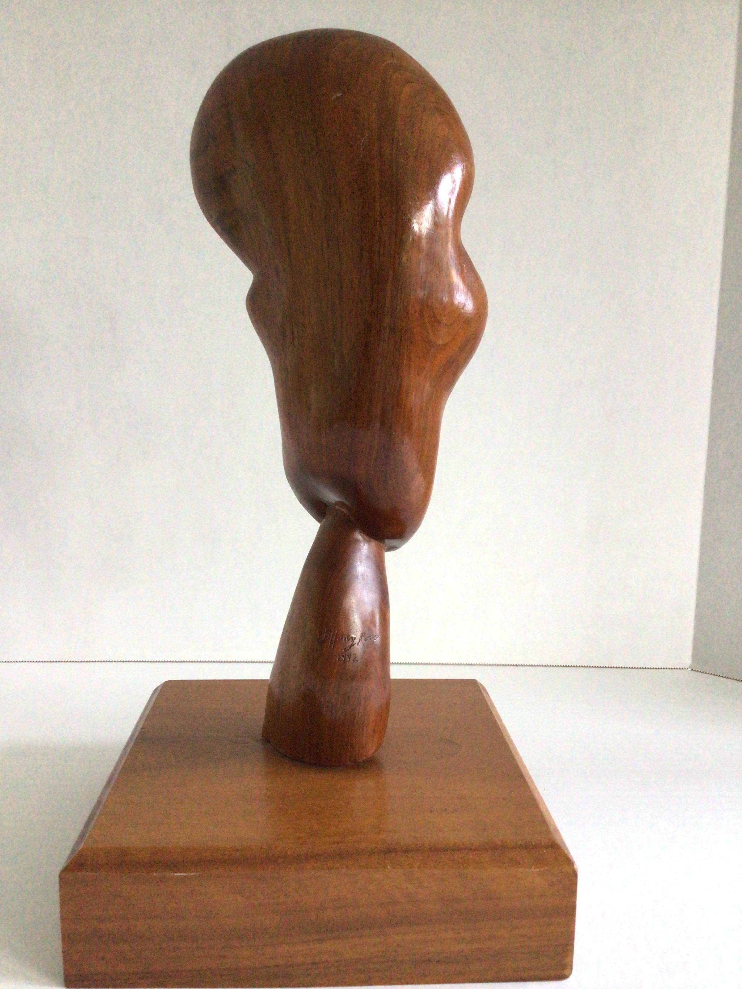1990s Hand-Carved Wood Biomorphic Face Sculpture on Wood Base For Sale 1