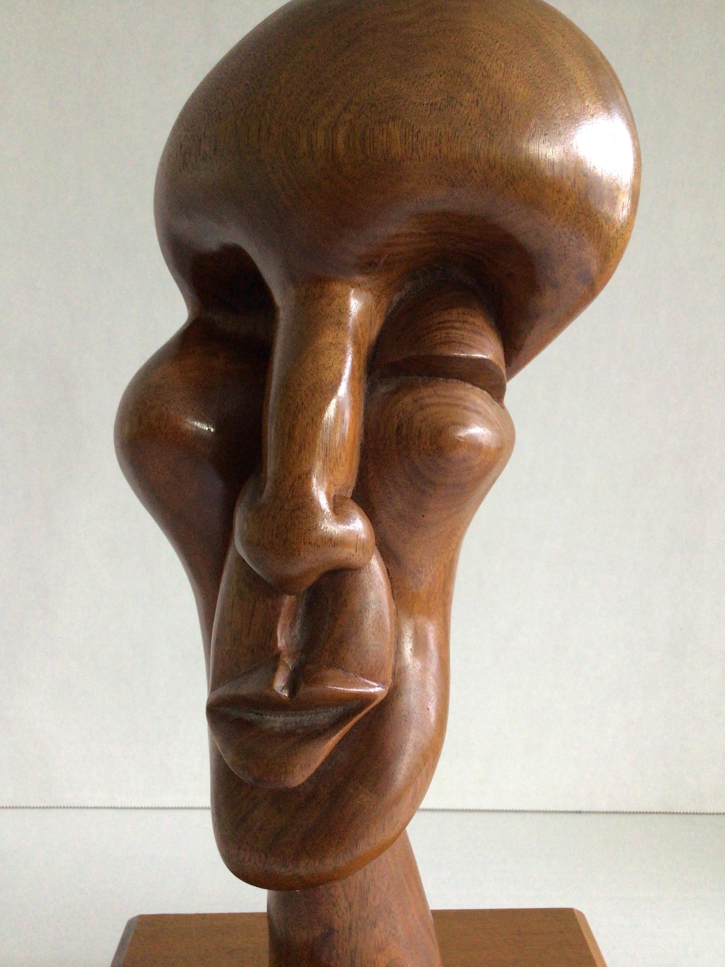 1990s Hand-Carved Wood Biomorphic Face Sculpture on Wood Base For Sale 2
