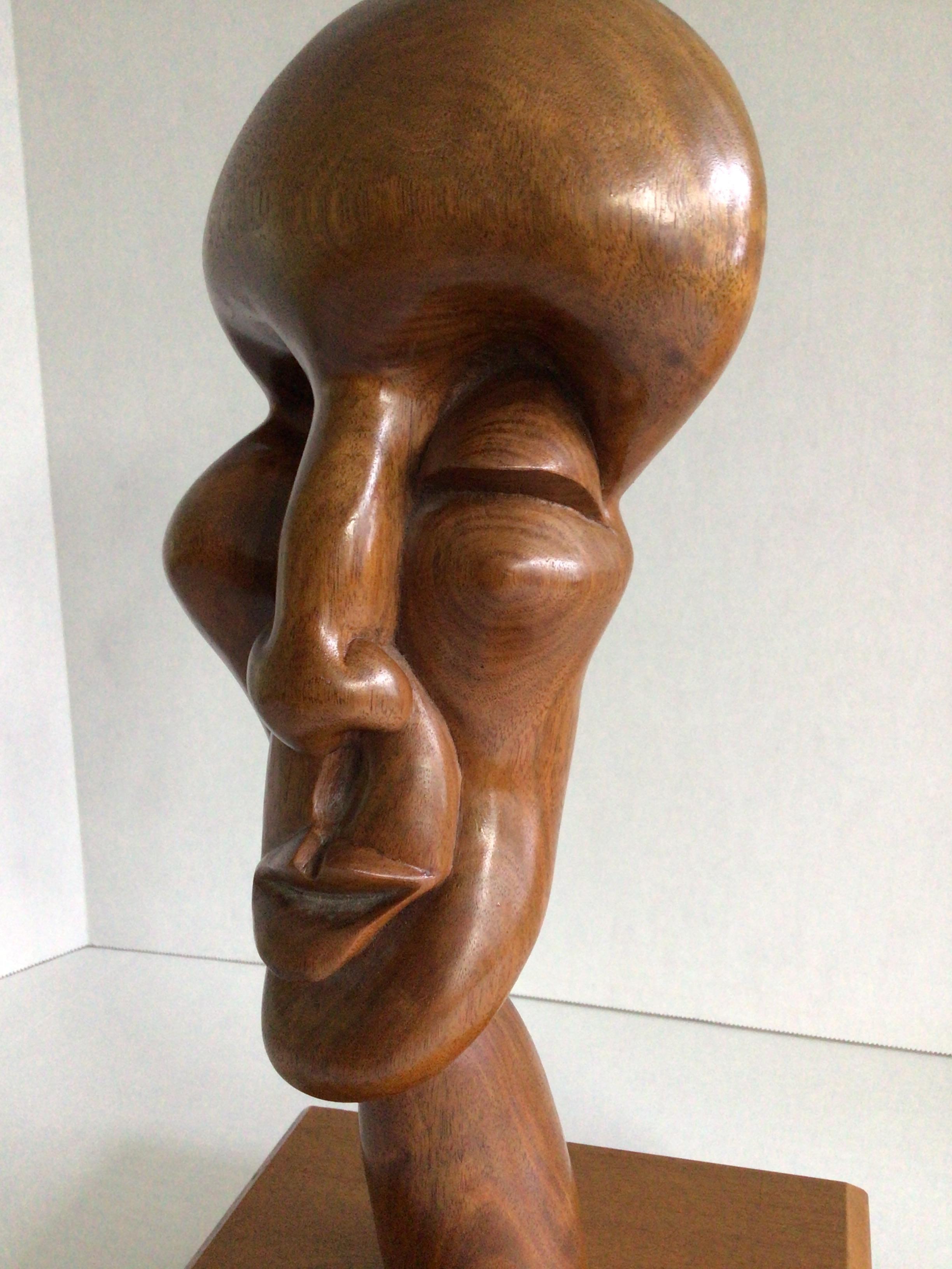 1990s Hand-Carved Wood Biomorphic Face Sculpture on Wood Base For Sale 3