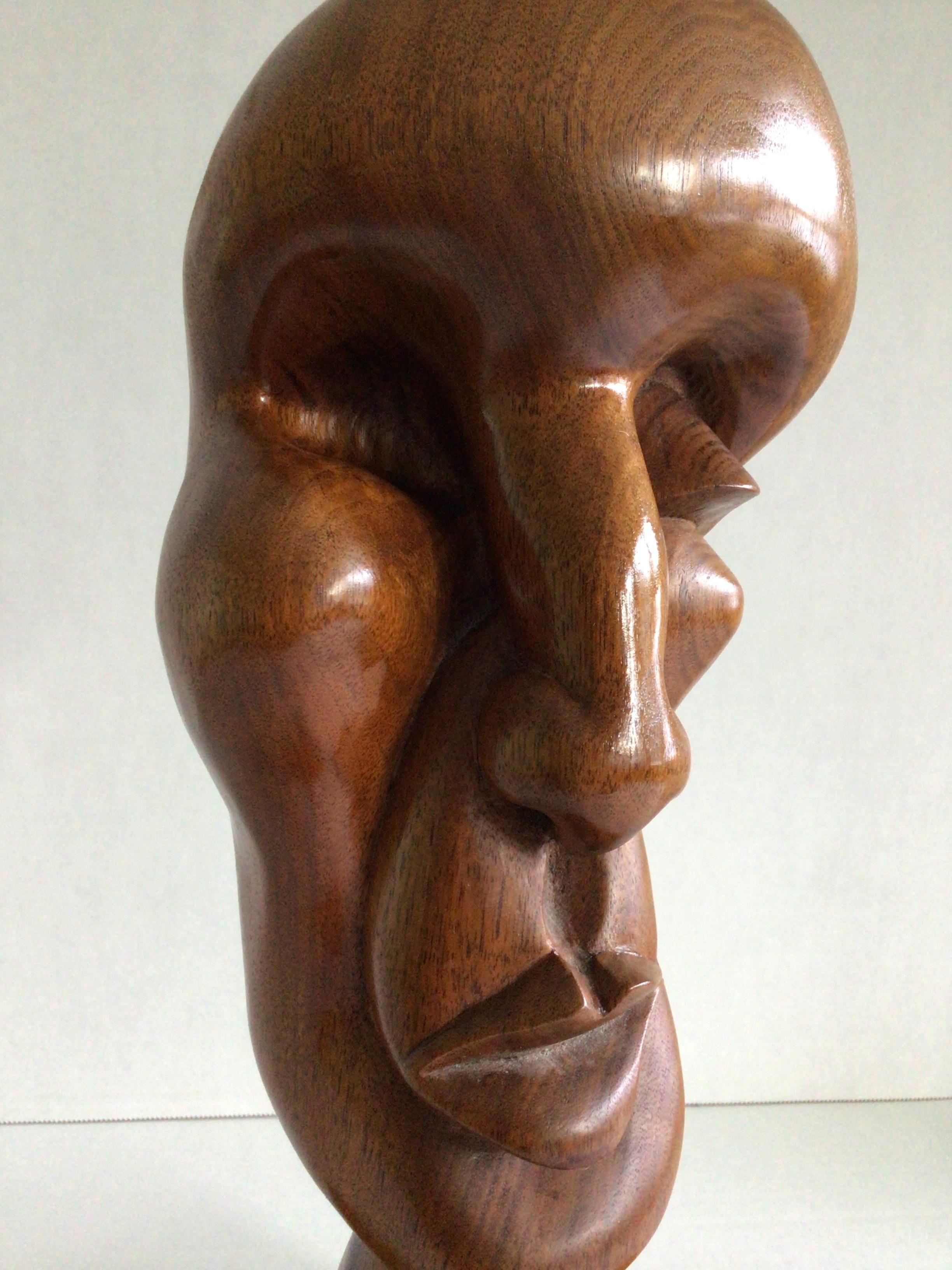 1990s Hand-Carved Wood Biomorphic Face Sculpture on Wood Base For Sale 4