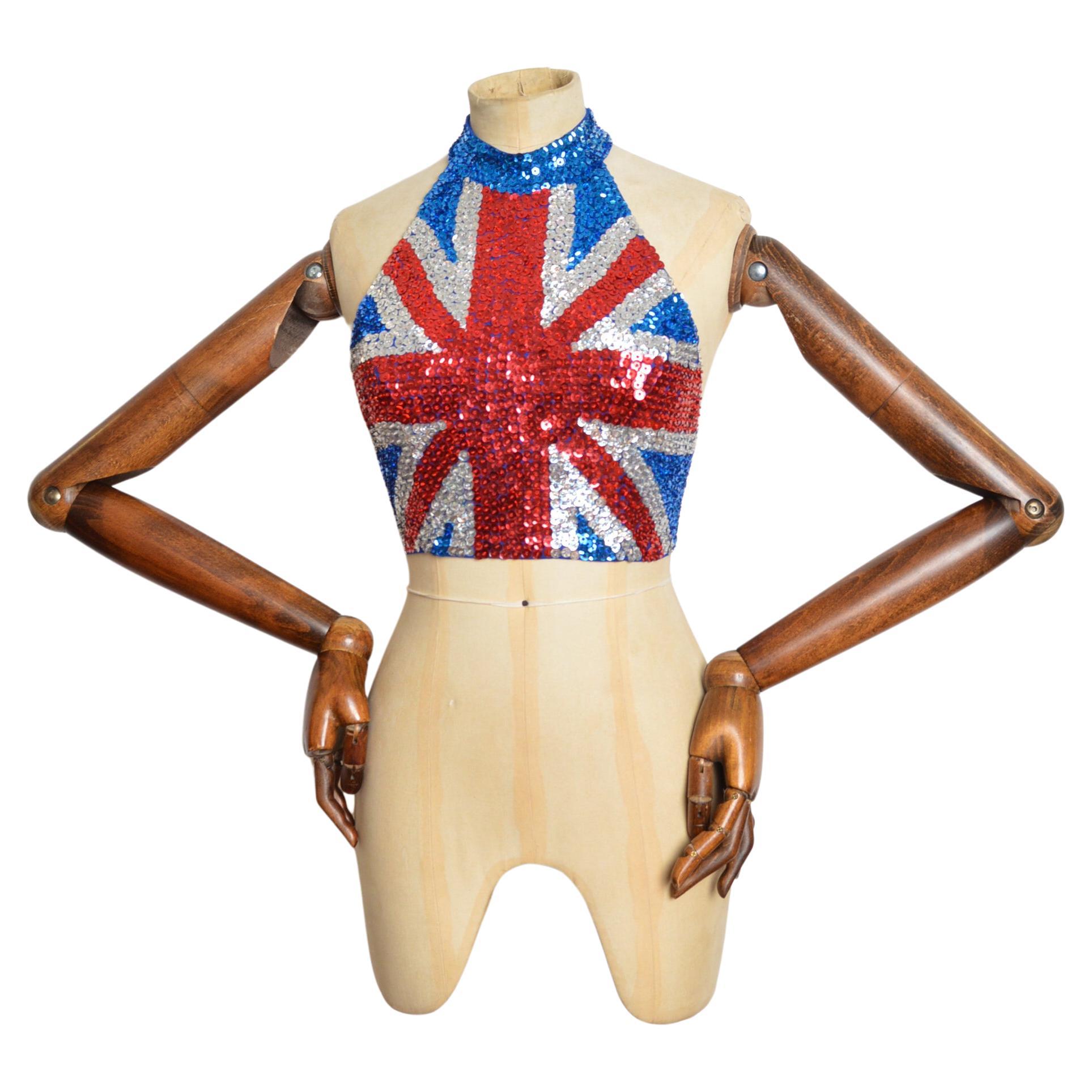 1990
s Hand Made Vintage Union Jack England Flagge Pailletten Neckholder - Crop Top