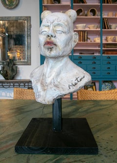 1990s Hand Painted and Signed Ceramic Head of a Japanese Character