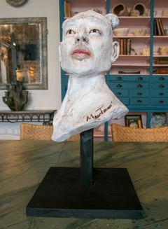 1990s Hand Painted and Signed Ceramic Head of a Japanese Character