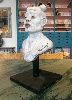 1990s Hand Painted and Signed Ceramic Head of a Japanese Character