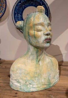 1990s Hand Painted and Signed Ceramic Head of a Japanese Character