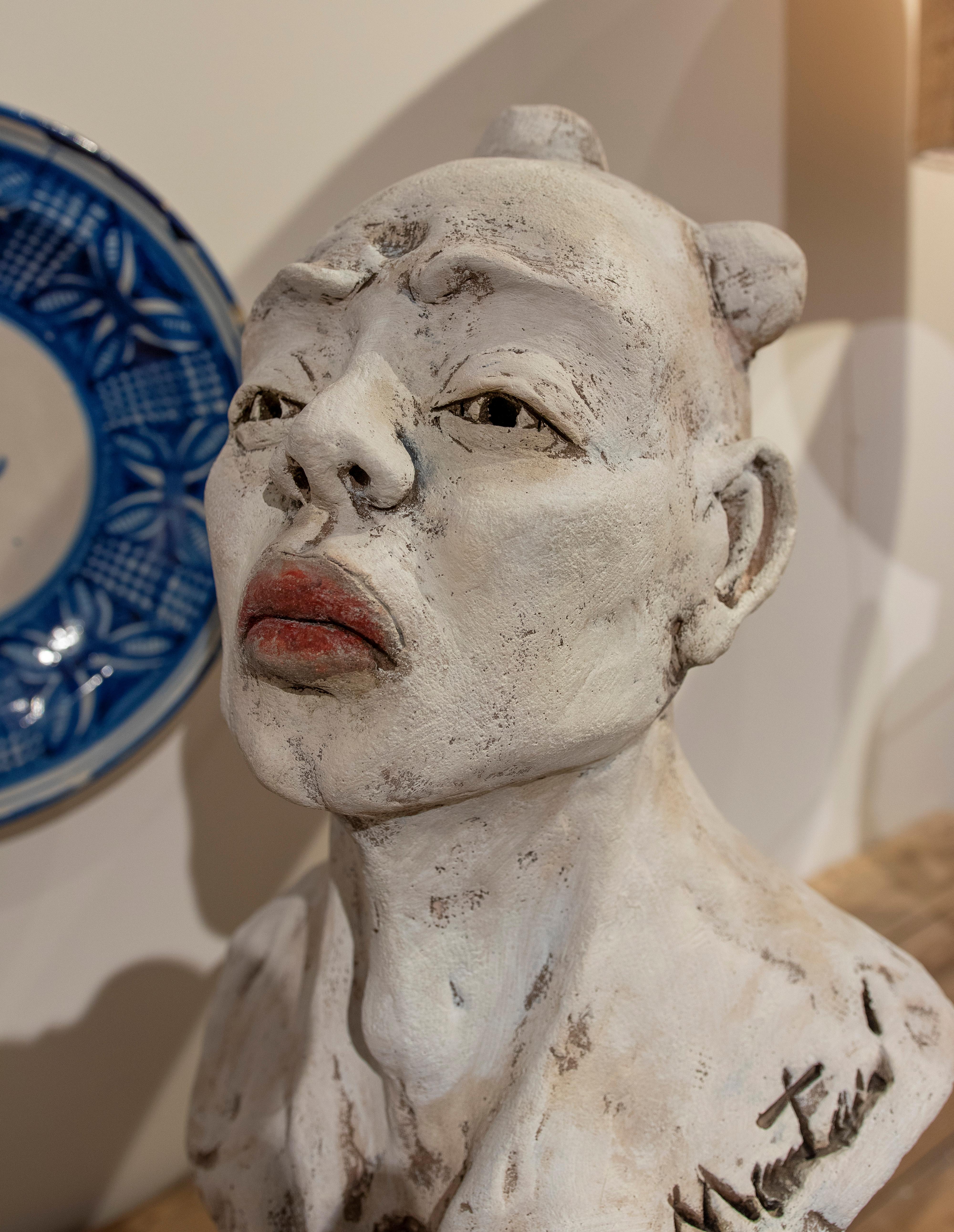 1990s Hand Painted and Signed Ceramic Head of a Japanese Character 4