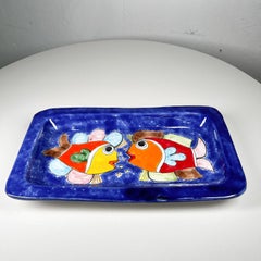 1990s Hand Painted Art Plate Blue Fish Nino Parrucca Ceramiche Palermo, Italy