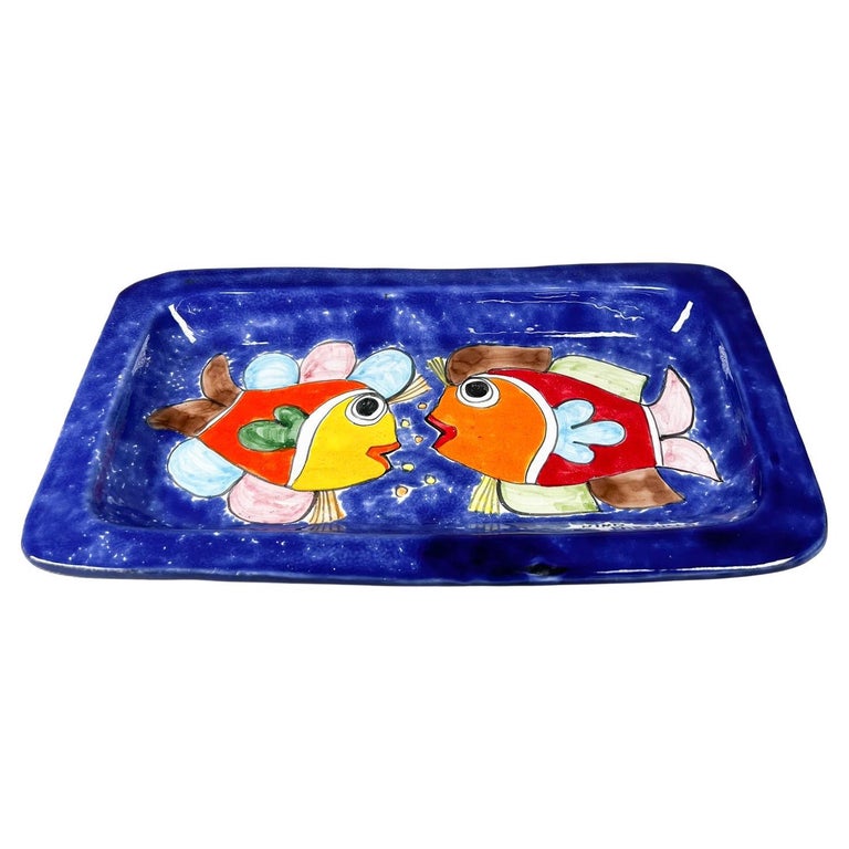1990s Hand Painted Art Plate Blue Fish Nino Parrucca Ceramiche Palermo