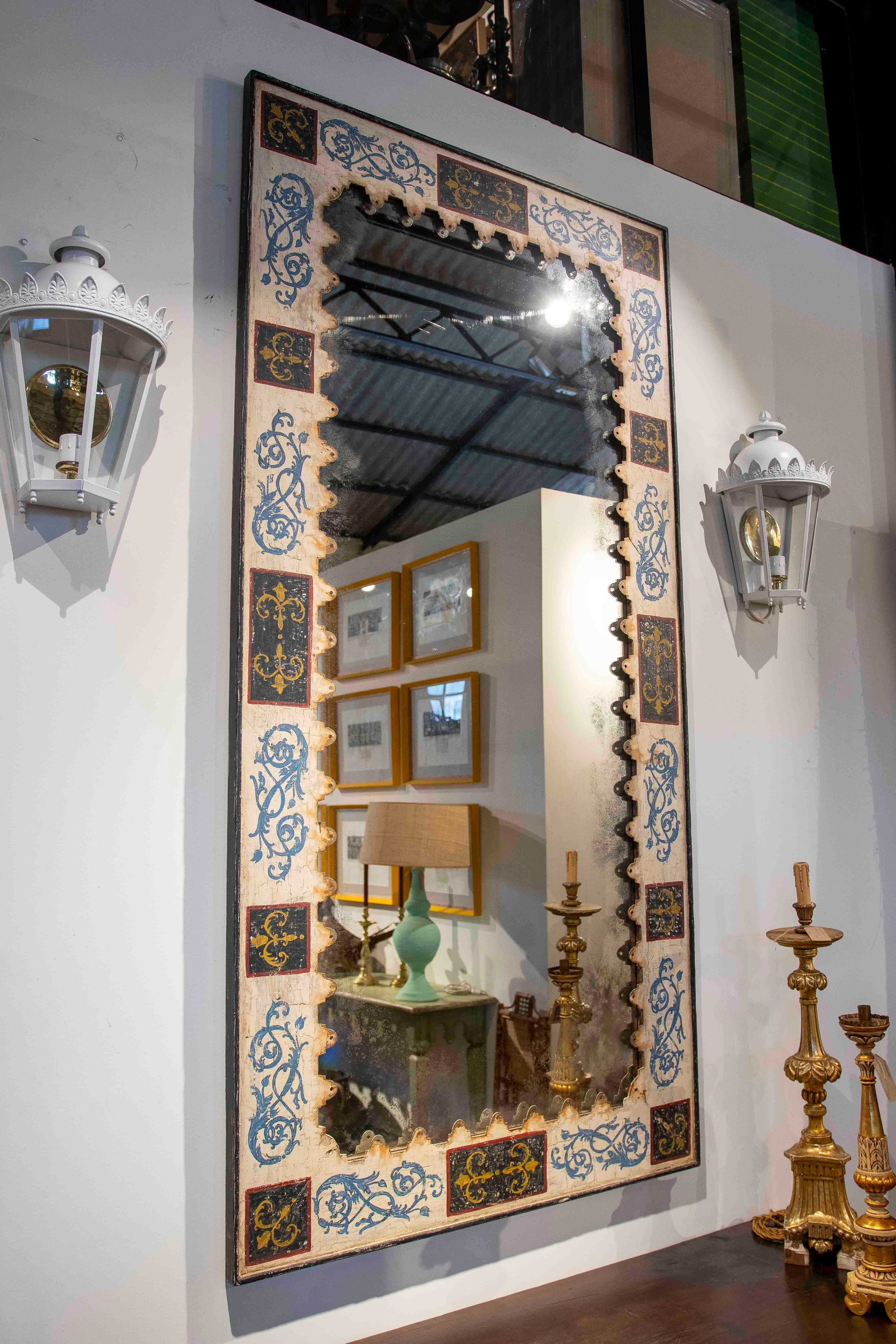 1990s Hand-Painted Mirror with Metal Frame and Antique-Finished Glass For Sale 7