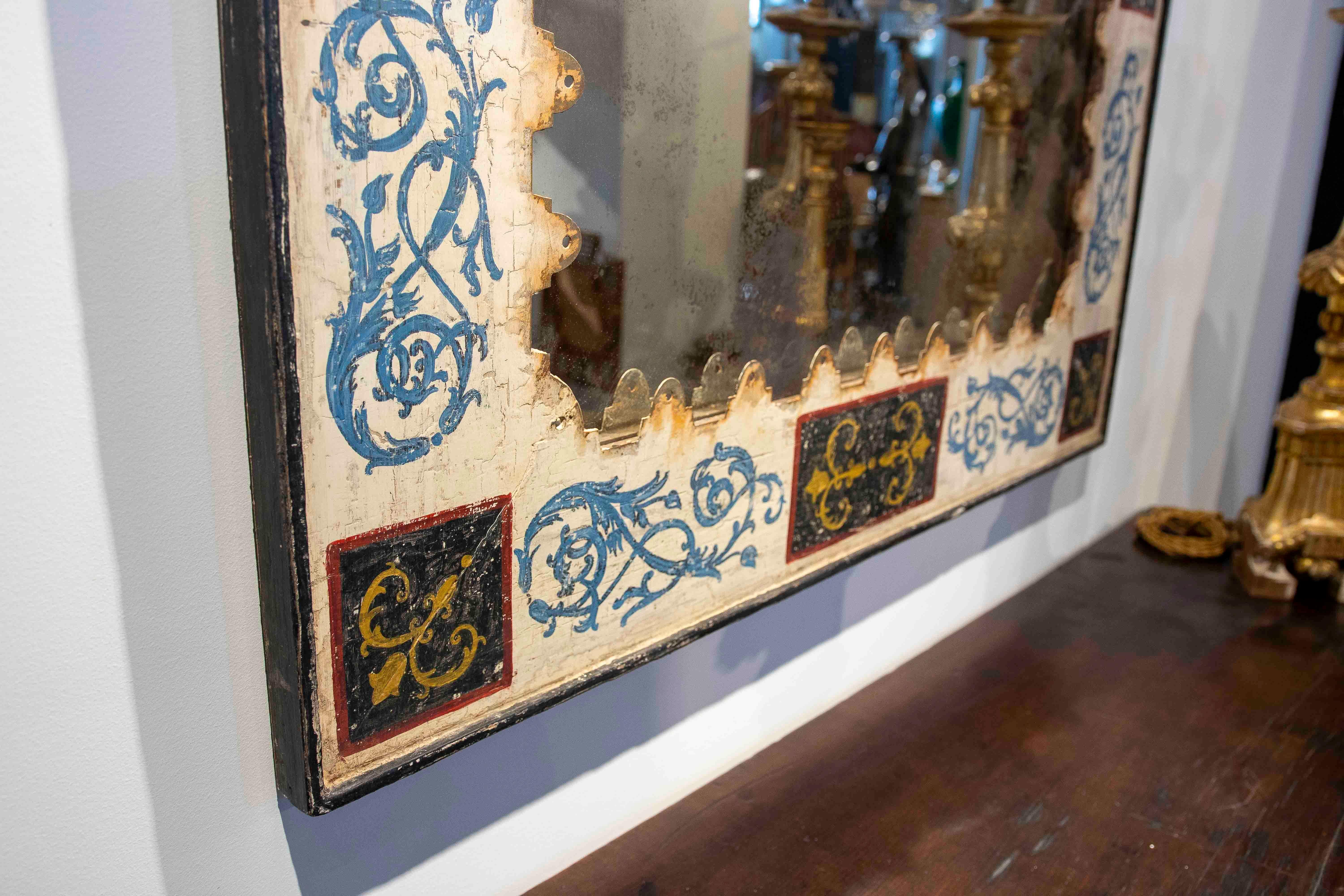 1990s Hand-Painted Mirror with Metal Frame and Antique-Finished Glass For Sale 8