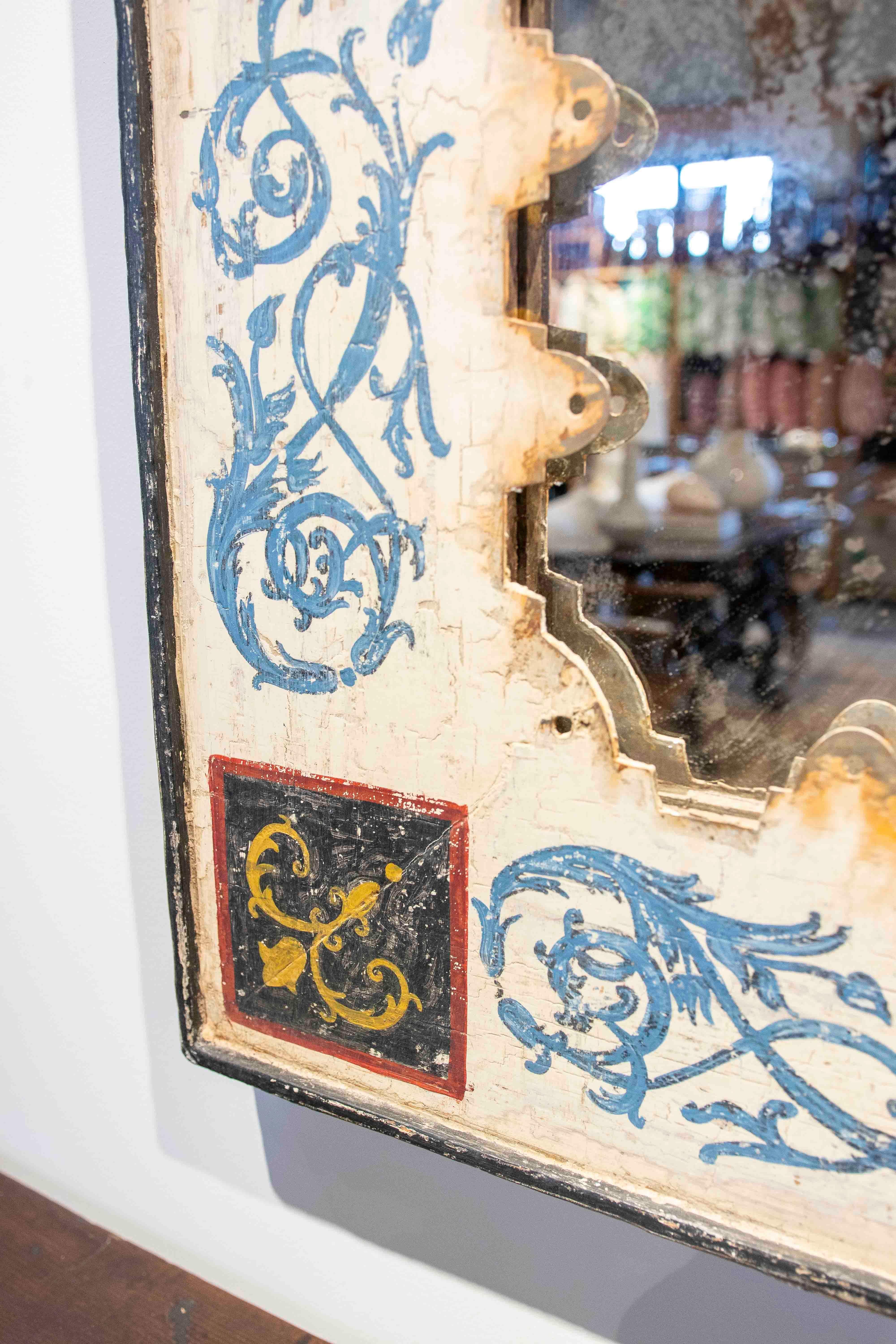 Spanish 1990s Hand-Painted Mirror with Metal Frame and Antique-Finished Glass For Sale