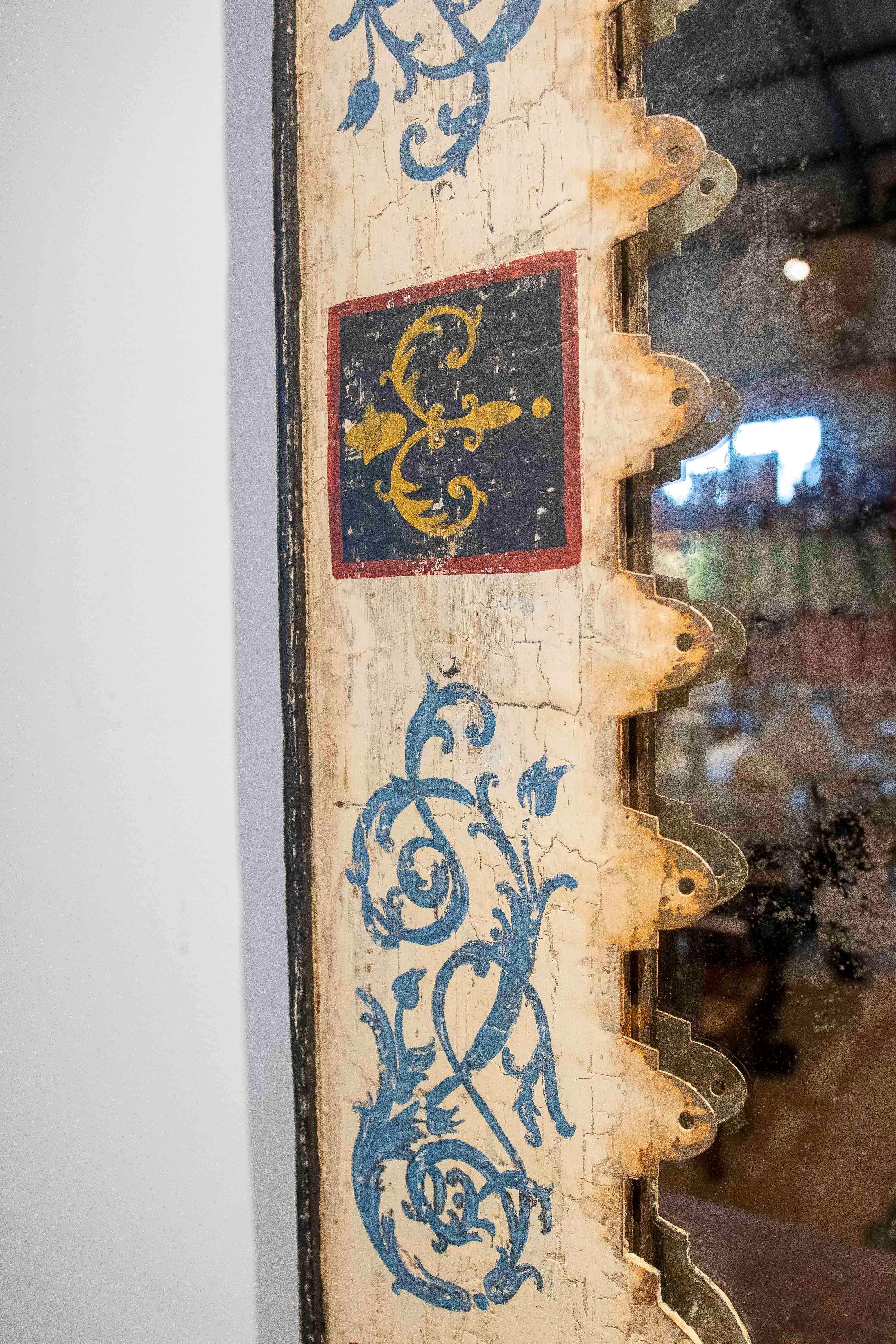 1990s Hand-Painted Mirror with Metal Frame and Antique-Finished Glass In Good Condition For Sale In Marbella, ES