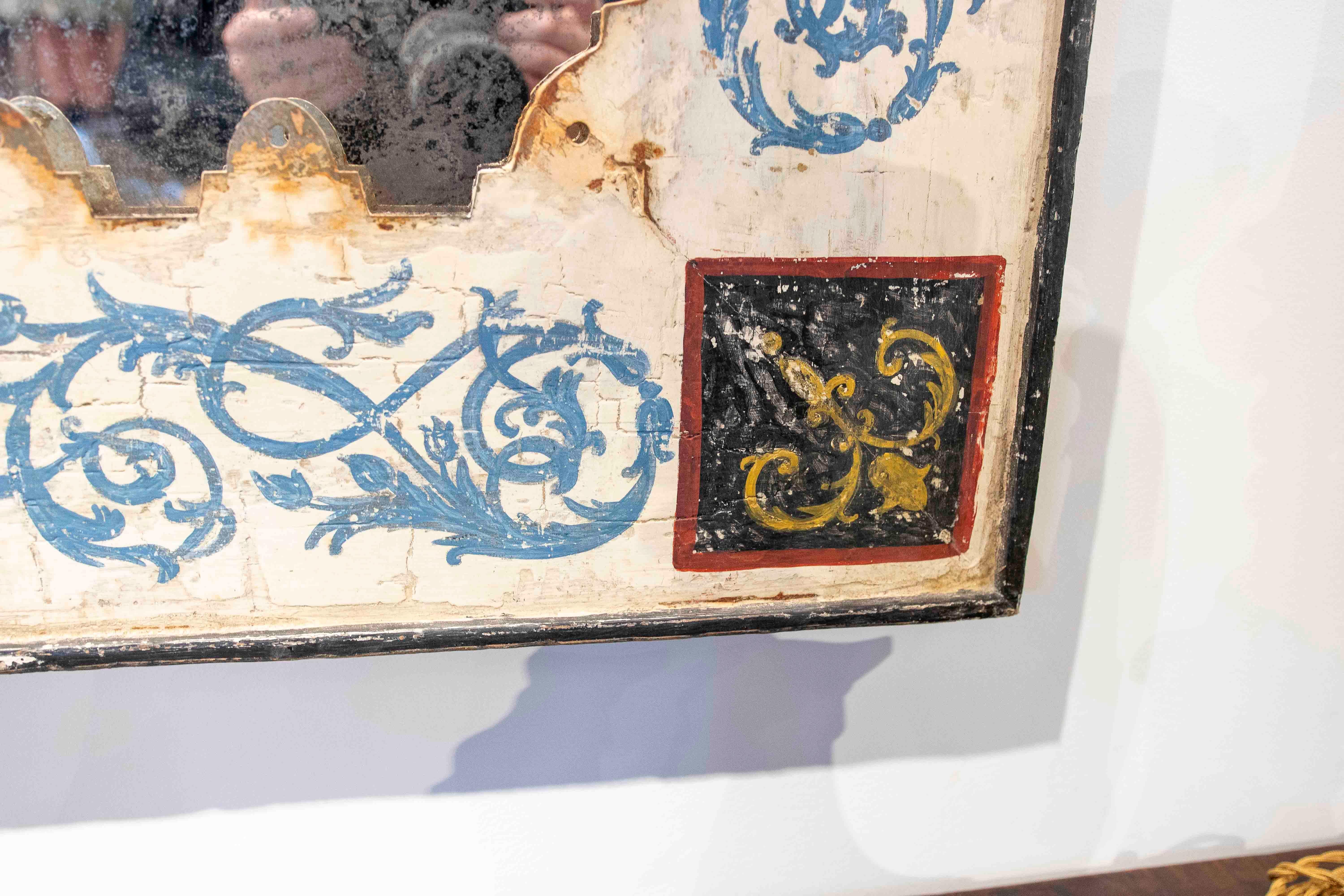 20th Century 1990s Hand-Painted Mirror with Metal Frame and Antique-Finished Glass For Sale