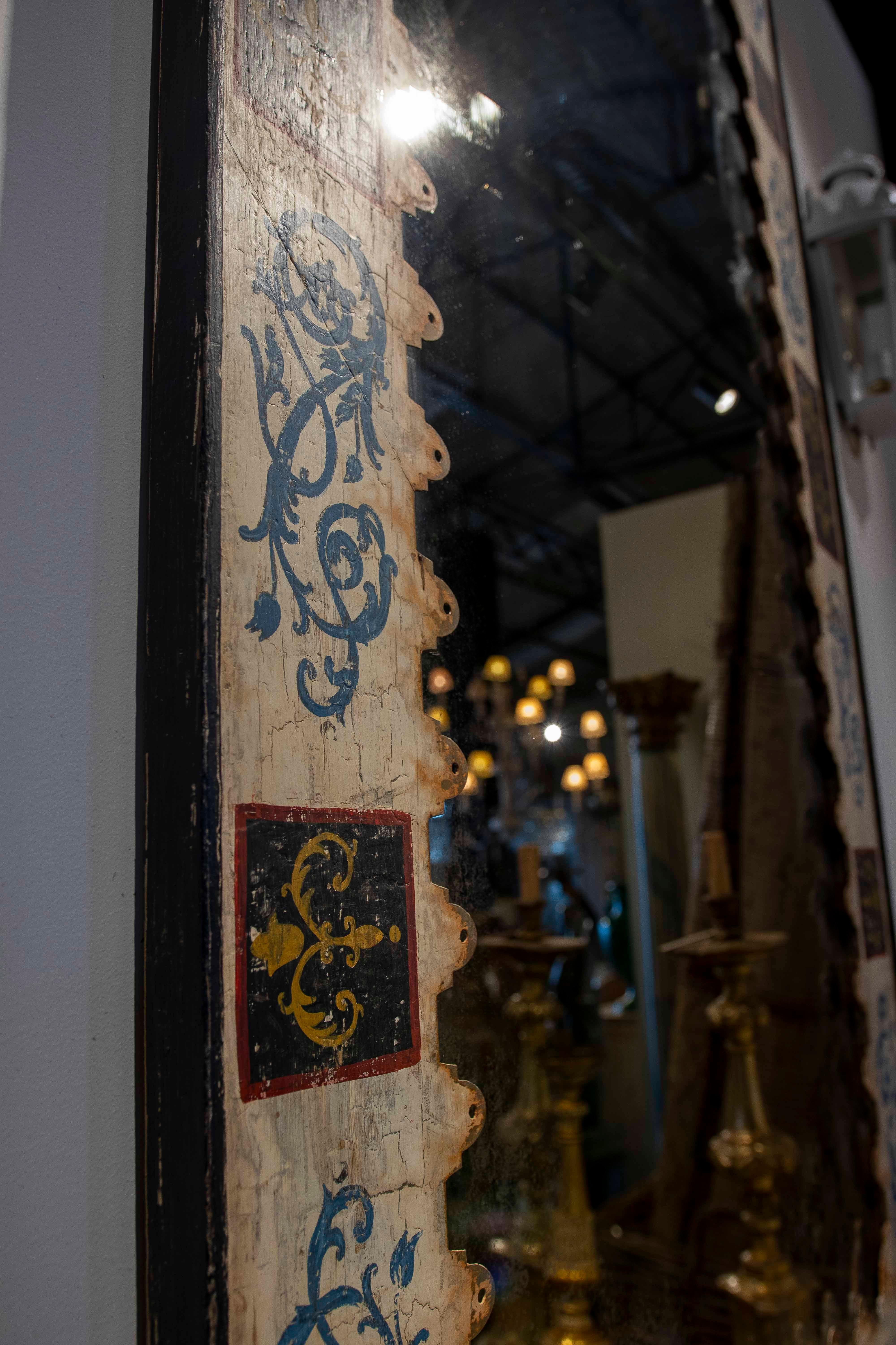1990s Hand-Painted Mirror with Metal Frame and Antique-Finished Glass For Sale 3