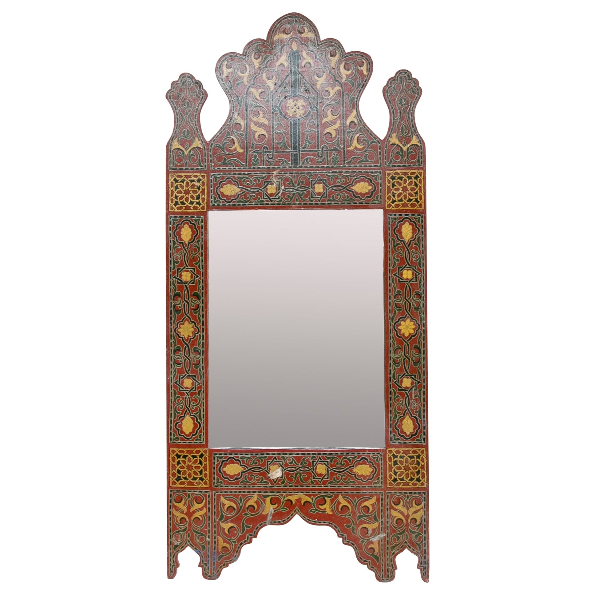 Specchio di legno in stile marocchino dipinto a mano del 1990 con decorazioni arabe