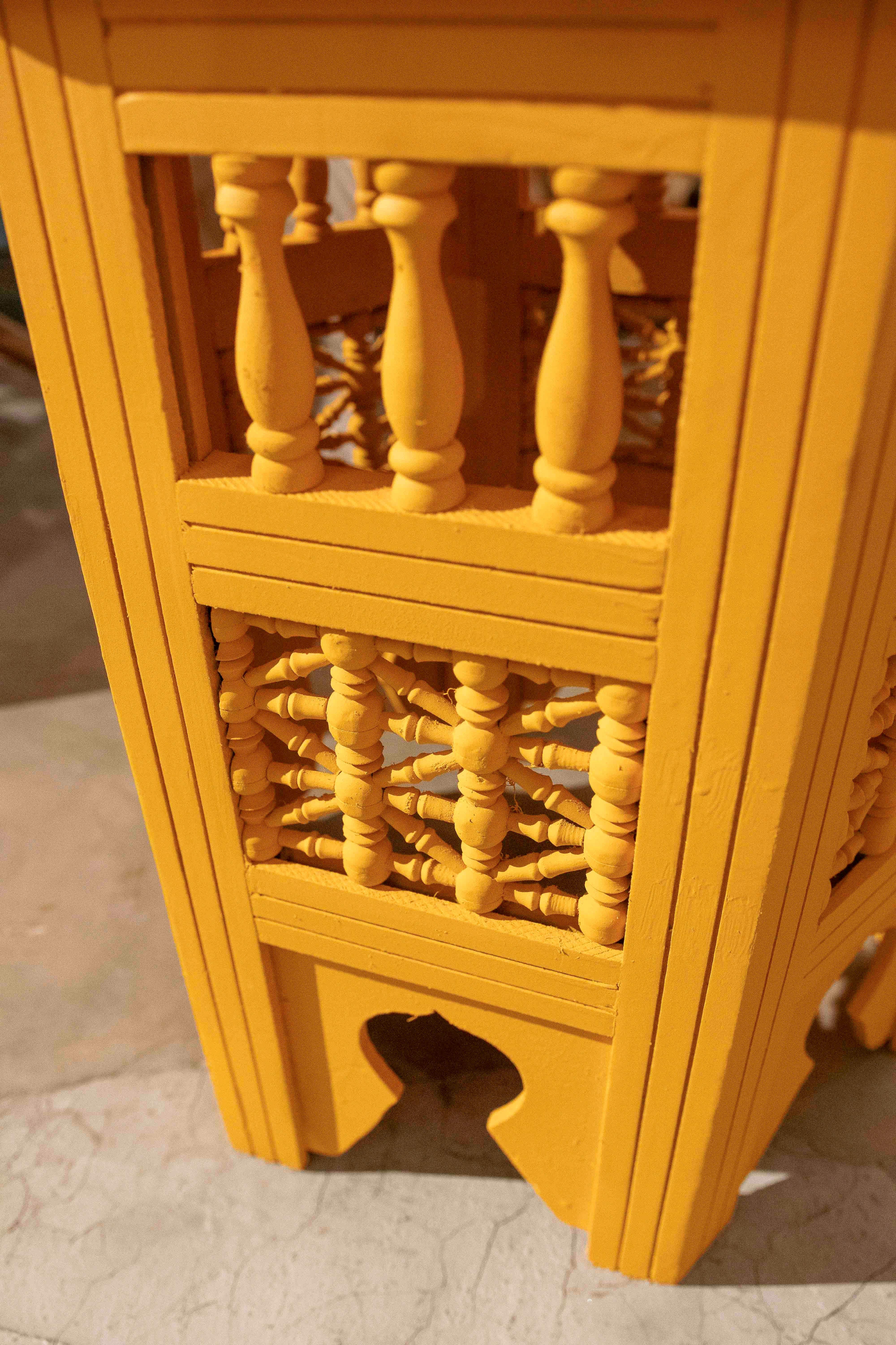 1990s Handcrafted Hexagonal Wooden Table with Ochre Yellow Finish For Sale 4
