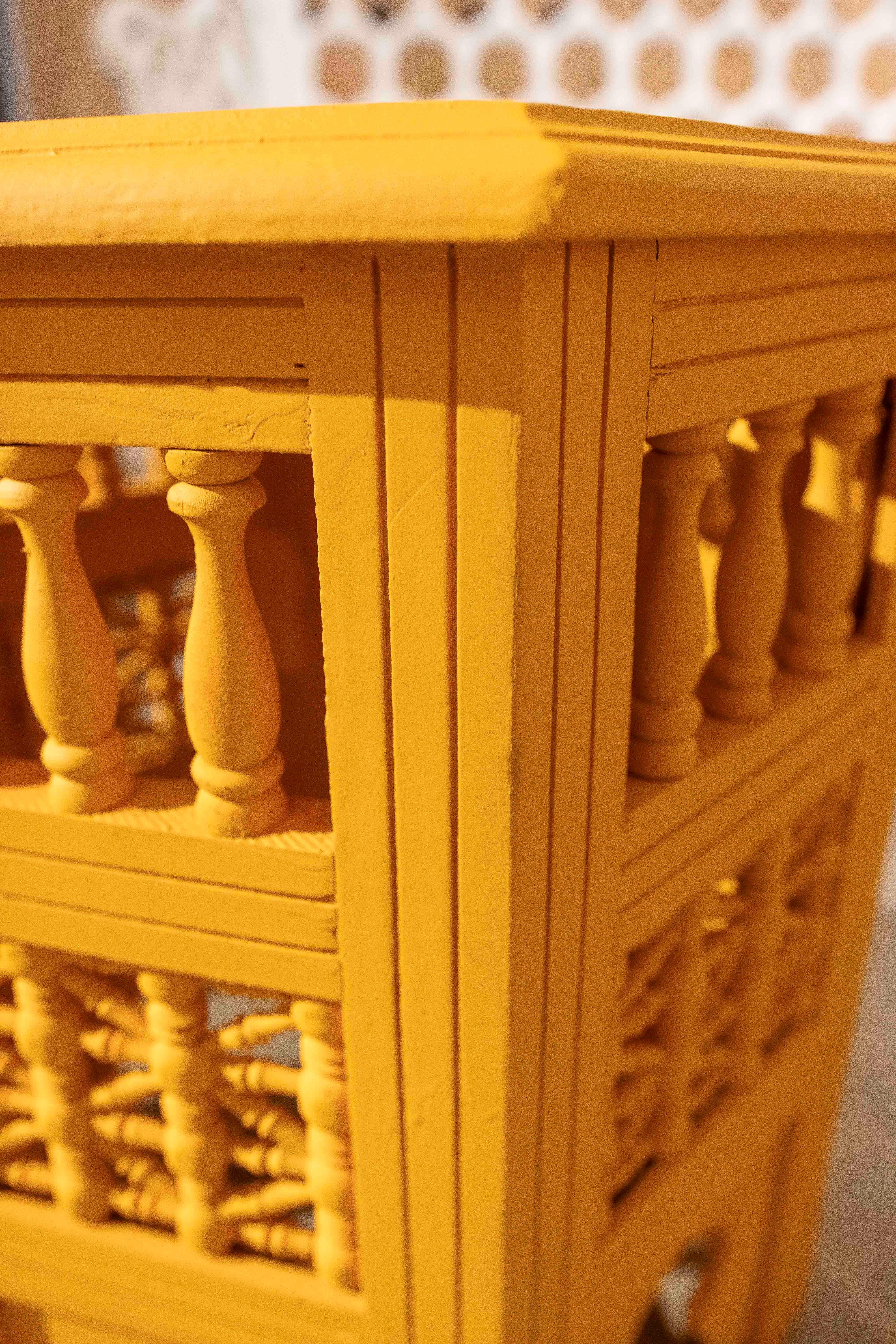 1990s Handcrafted Hexagonal Wooden Table with Ochre Yellow Finish For Sale 5