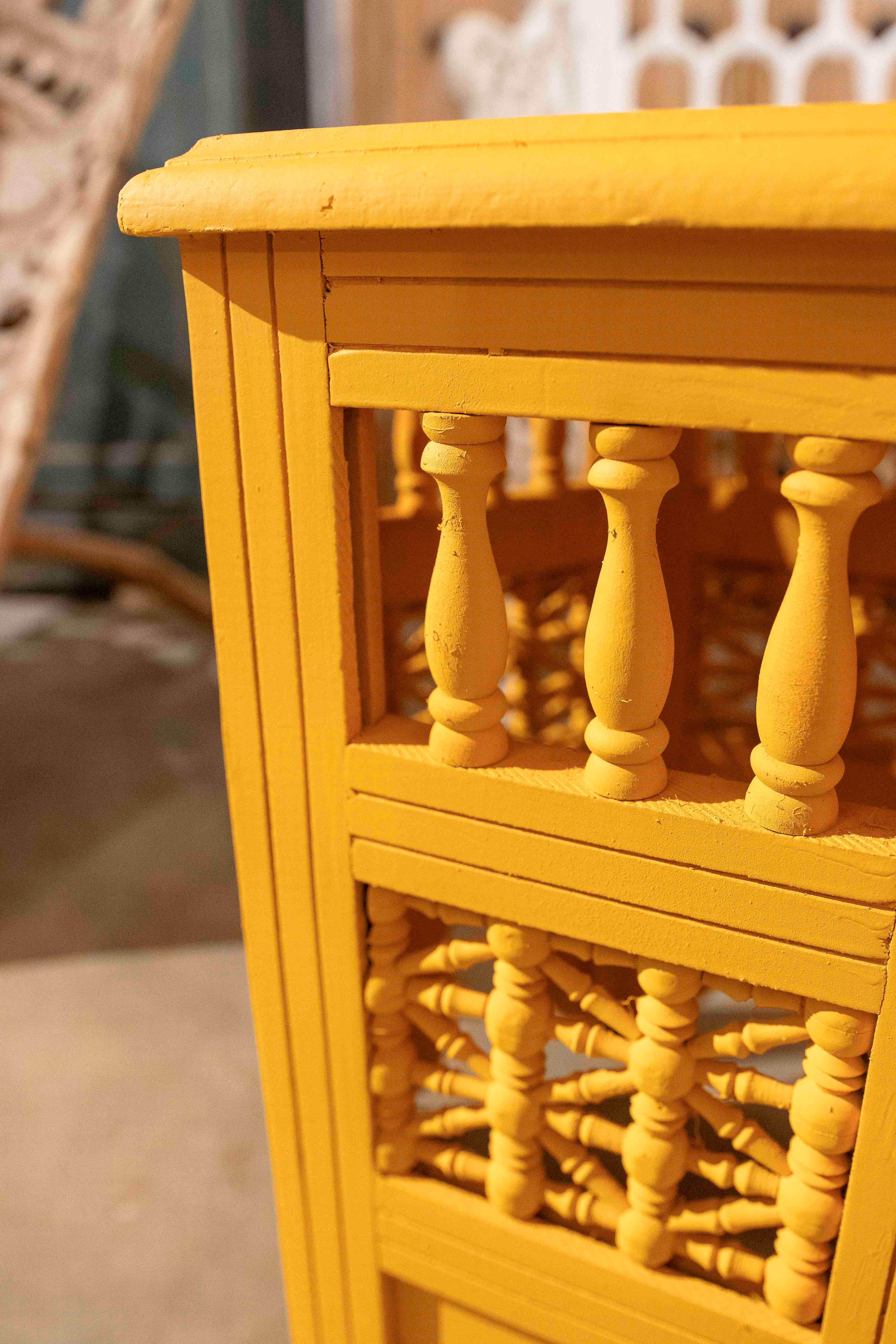 1990s Handcrafted Hexagonal Wooden Table with Ochre Yellow Finish For Sale 6