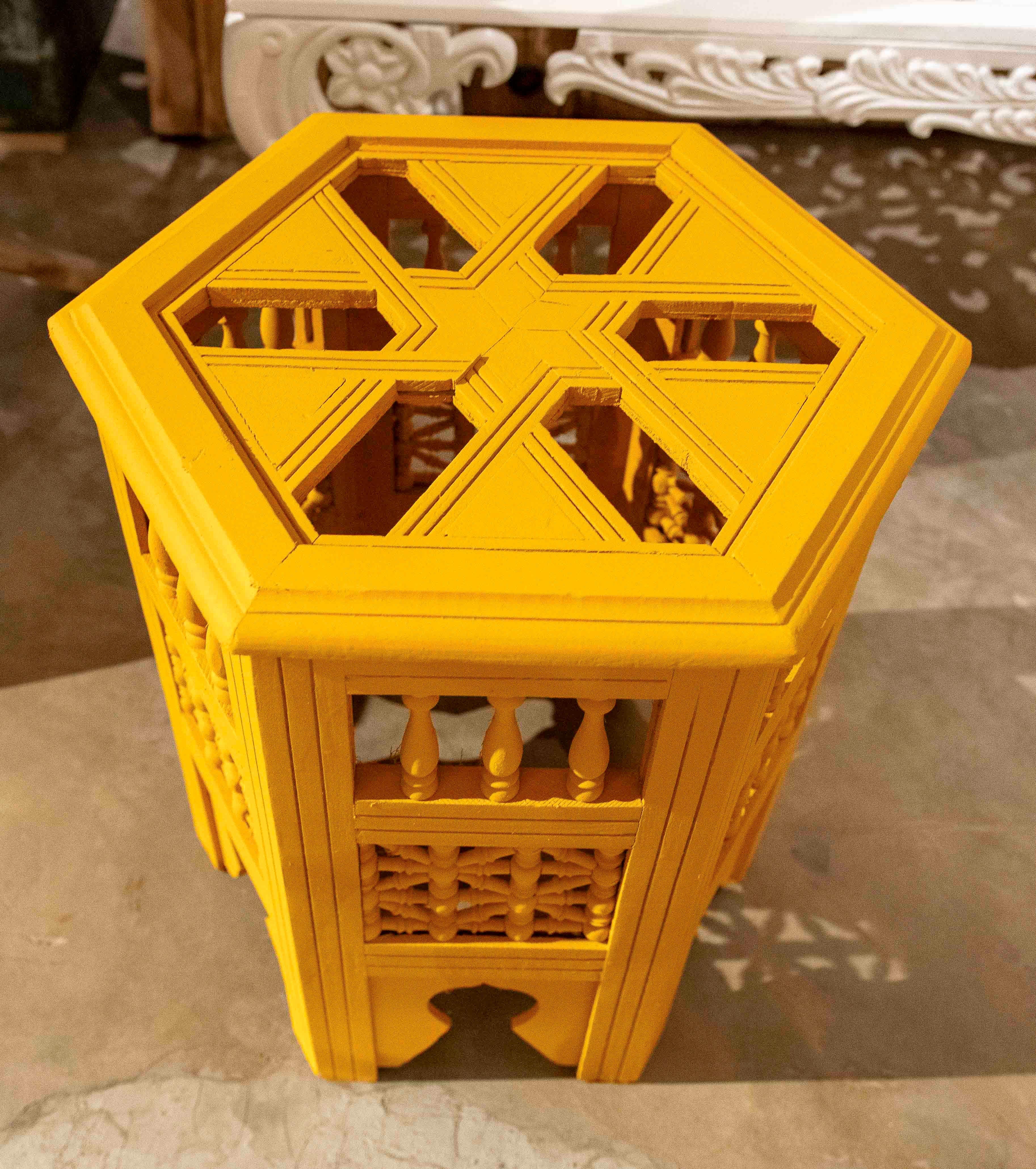 1990s Handcrafted Hexagonal Wooden Table with Ochre Yellow Finish For Sale 7