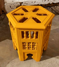 1990s Handcrafted Hexagonal Wooden Table with Ochre Yellow Finish