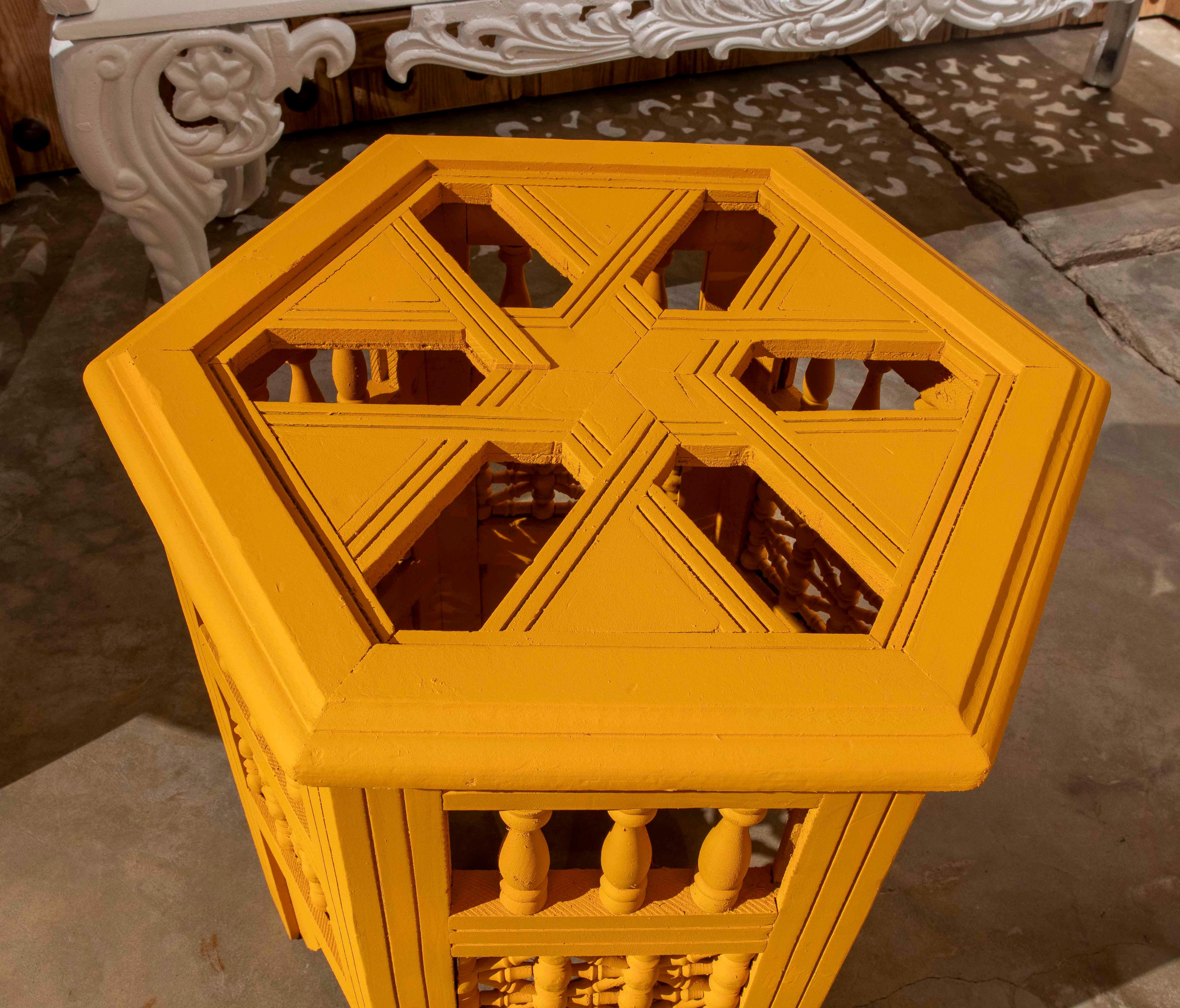 Hand-Painted 1990s Handcrafted Hexagonal Wooden Table with Ochre Yellow Finish For Sale