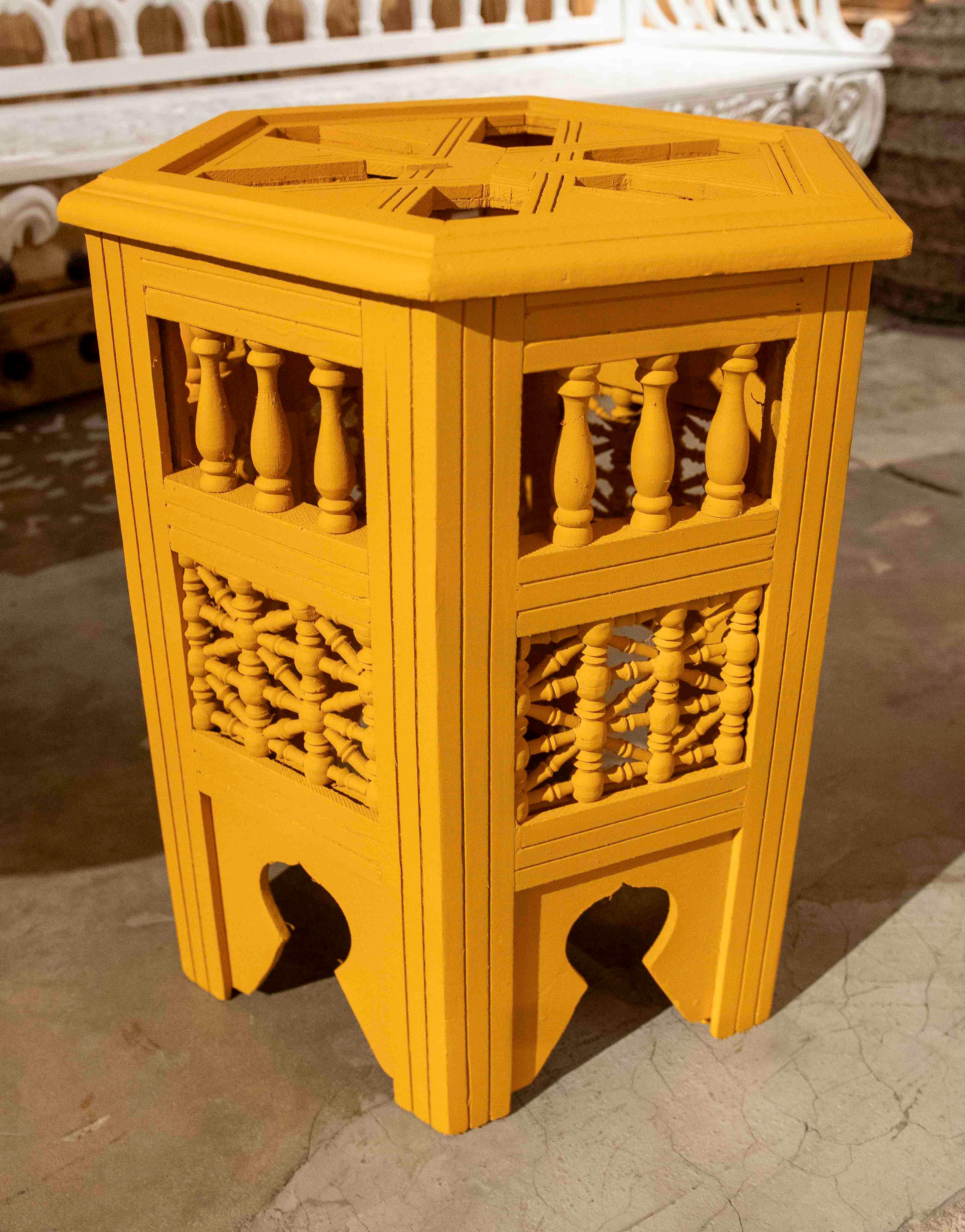 1990s Handcrafted Hexagonal Wooden Table with Ochre Yellow Finish In Good Condition For Sale In Marbella, ES