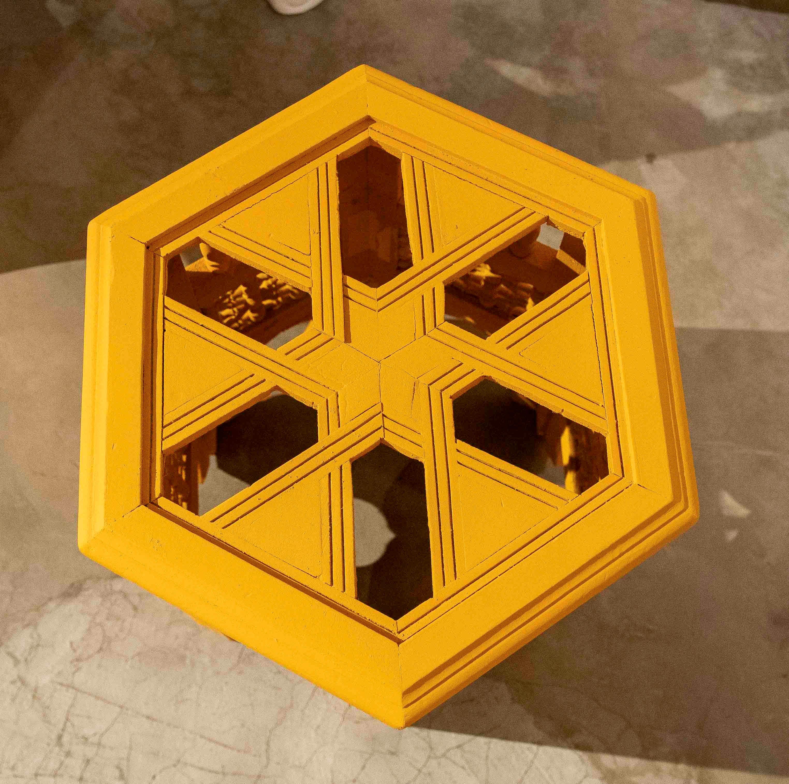 20th Century 1990s Handcrafted Hexagonal Wooden Table with Ochre Yellow Finish For Sale
