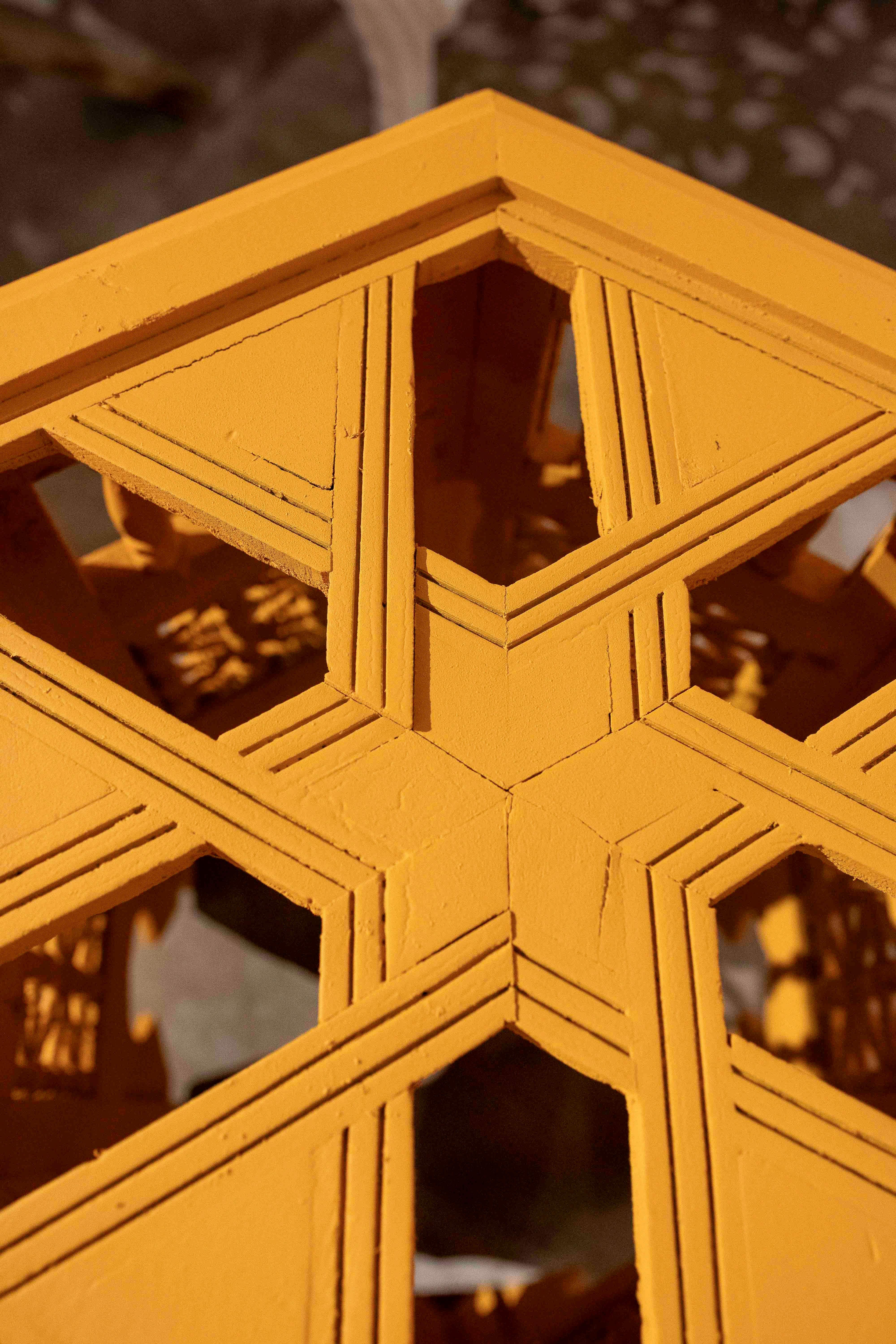 1990s Handcrafted Hexagonal Wooden Table with Ochre Yellow Finish For Sale 1