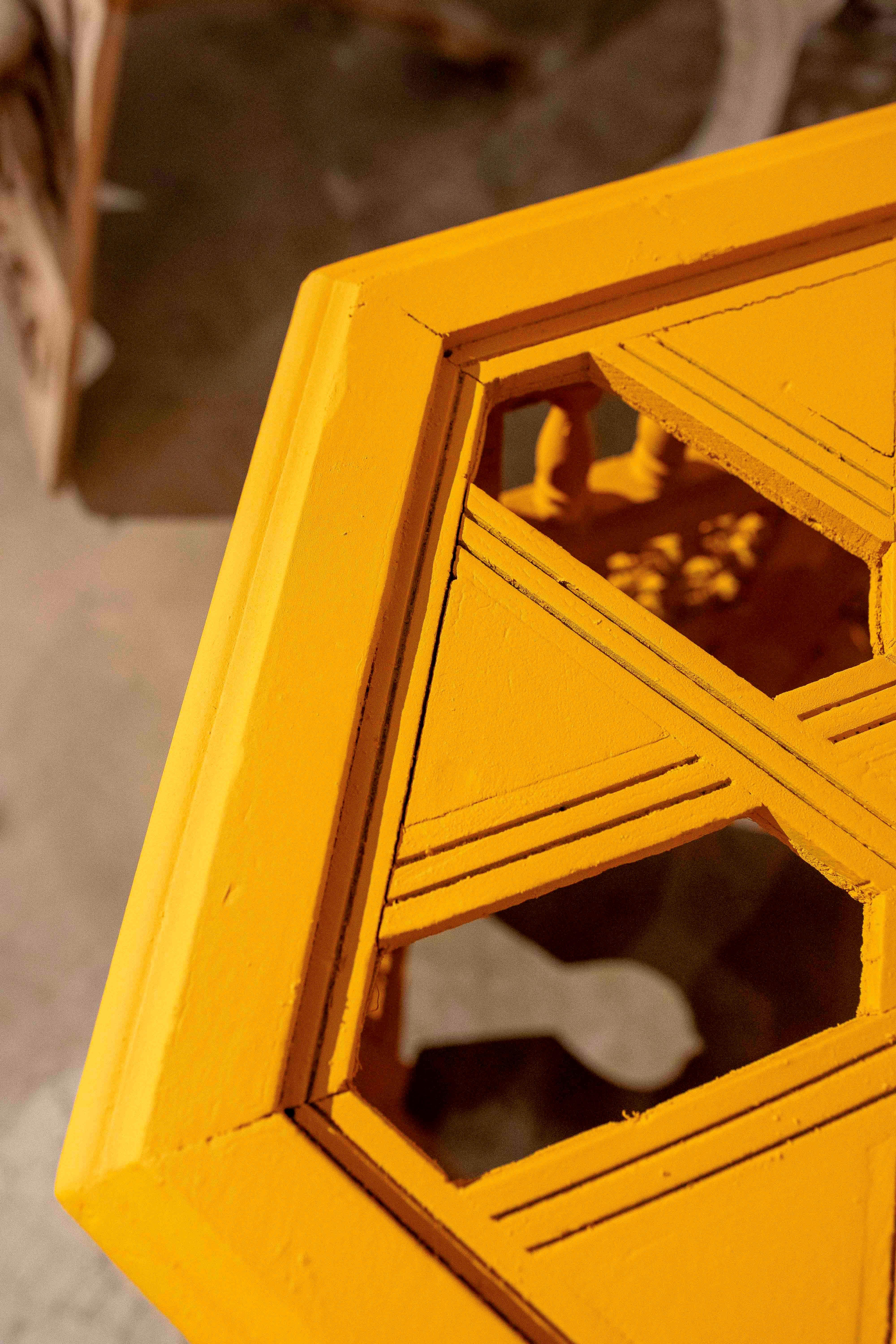 1990s Handcrafted Hexagonal Wooden Table with Ochre Yellow Finish For Sale 2