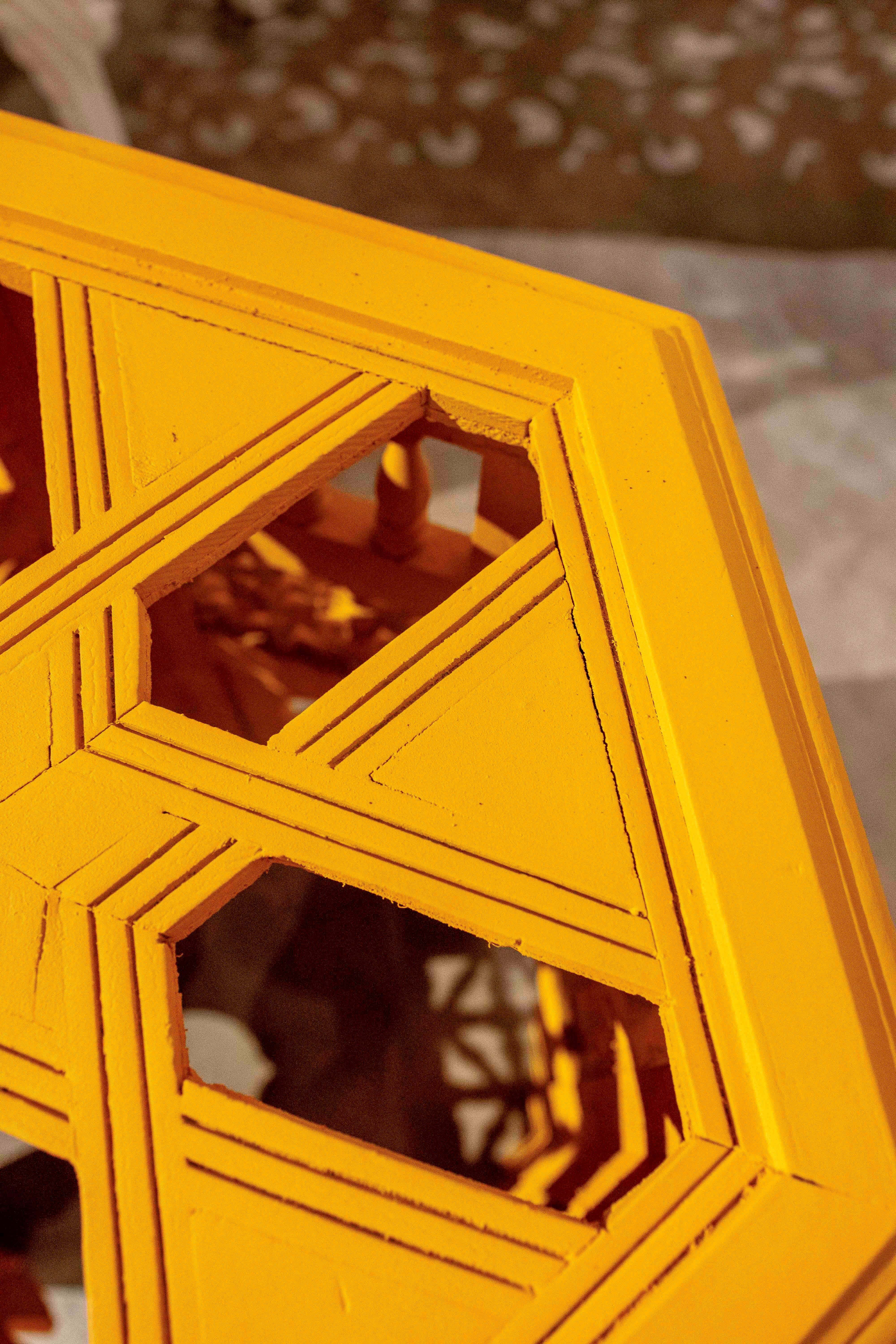 1990s Handcrafted Hexagonal Wooden Table with Ochre Yellow Finish For Sale 3