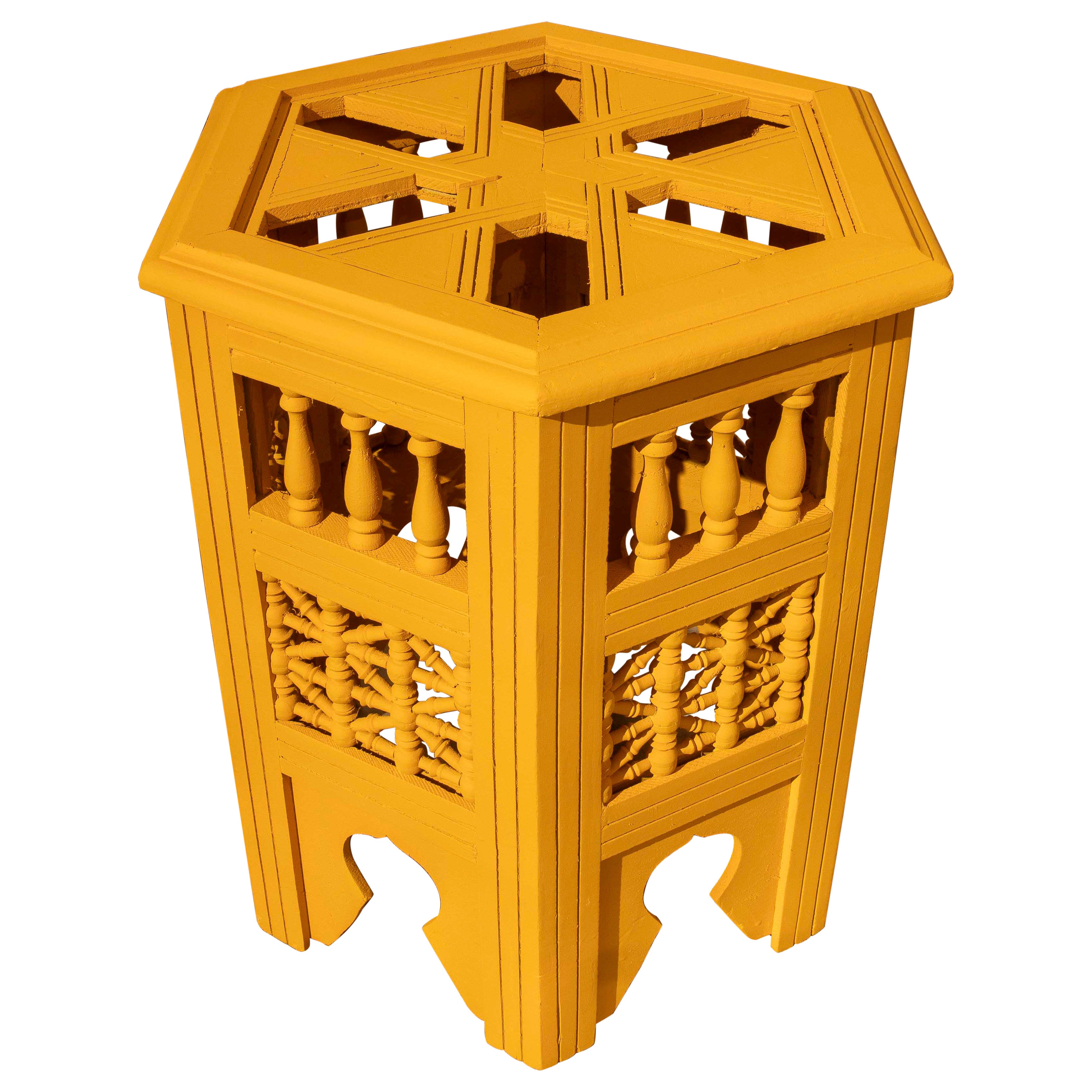 1990s Handcrafted Hexagonal Wooden Table with Ochre Yellow Finish For Sale