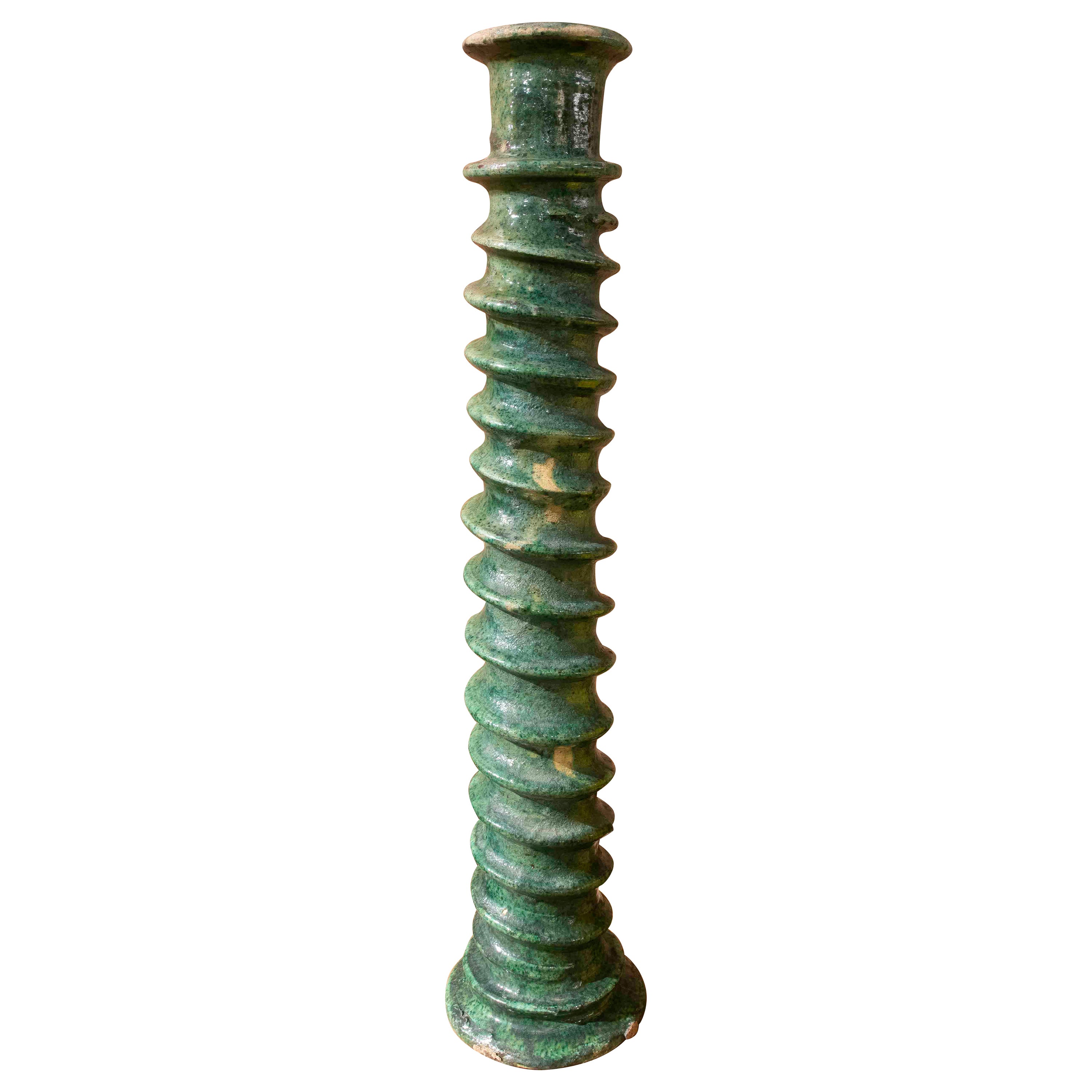 1990s Handcrafted Moroccan Green Candlestick with Rustic Enamel