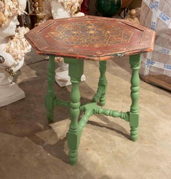 1990s Handcrafted Octagonal Table with Green Base and Hand-Painted Top